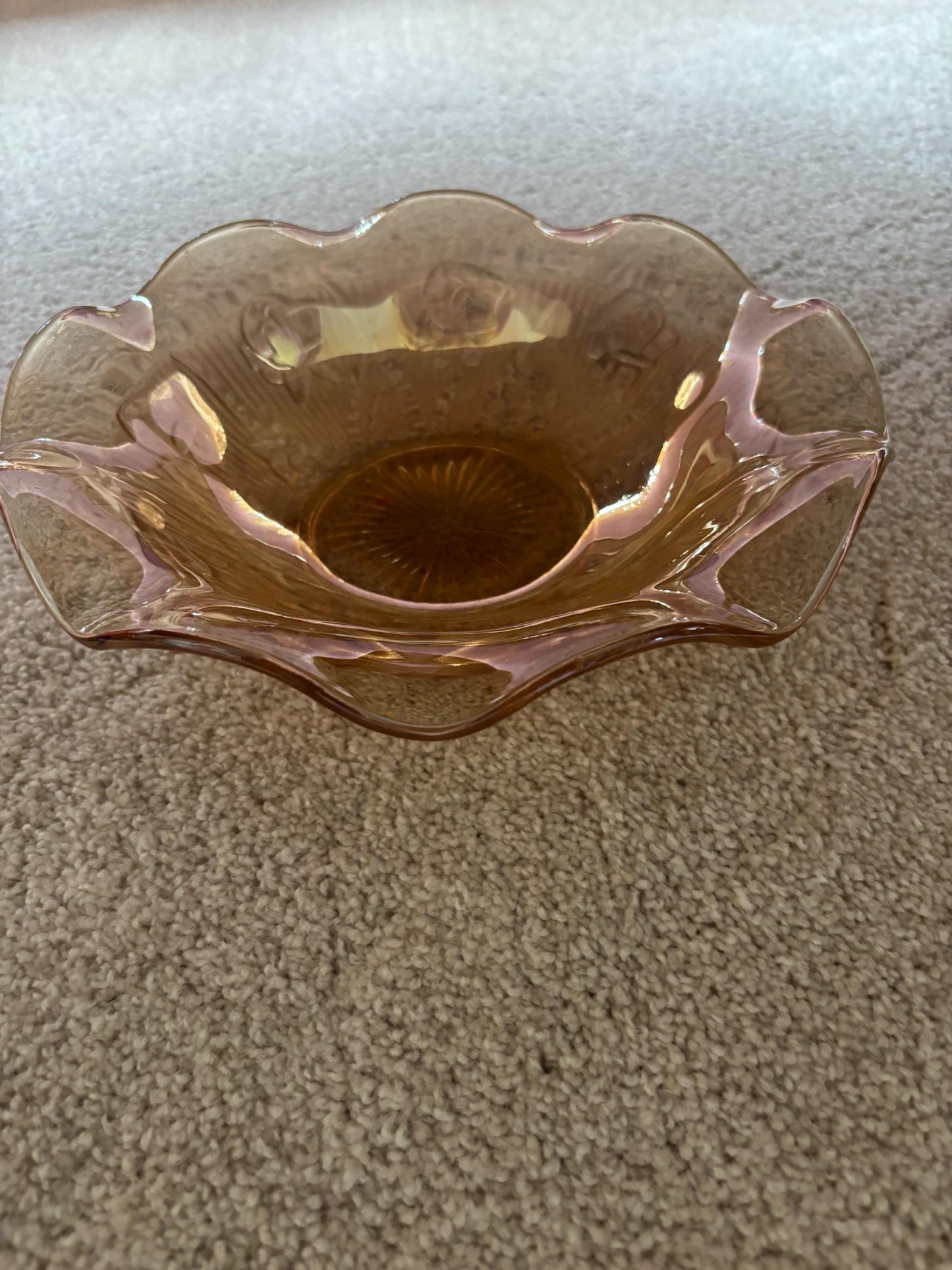 Jeannette Iris and Herringbone Marigold Carnival Glass Ruffled Bowl, Lover Antiques and Vintage