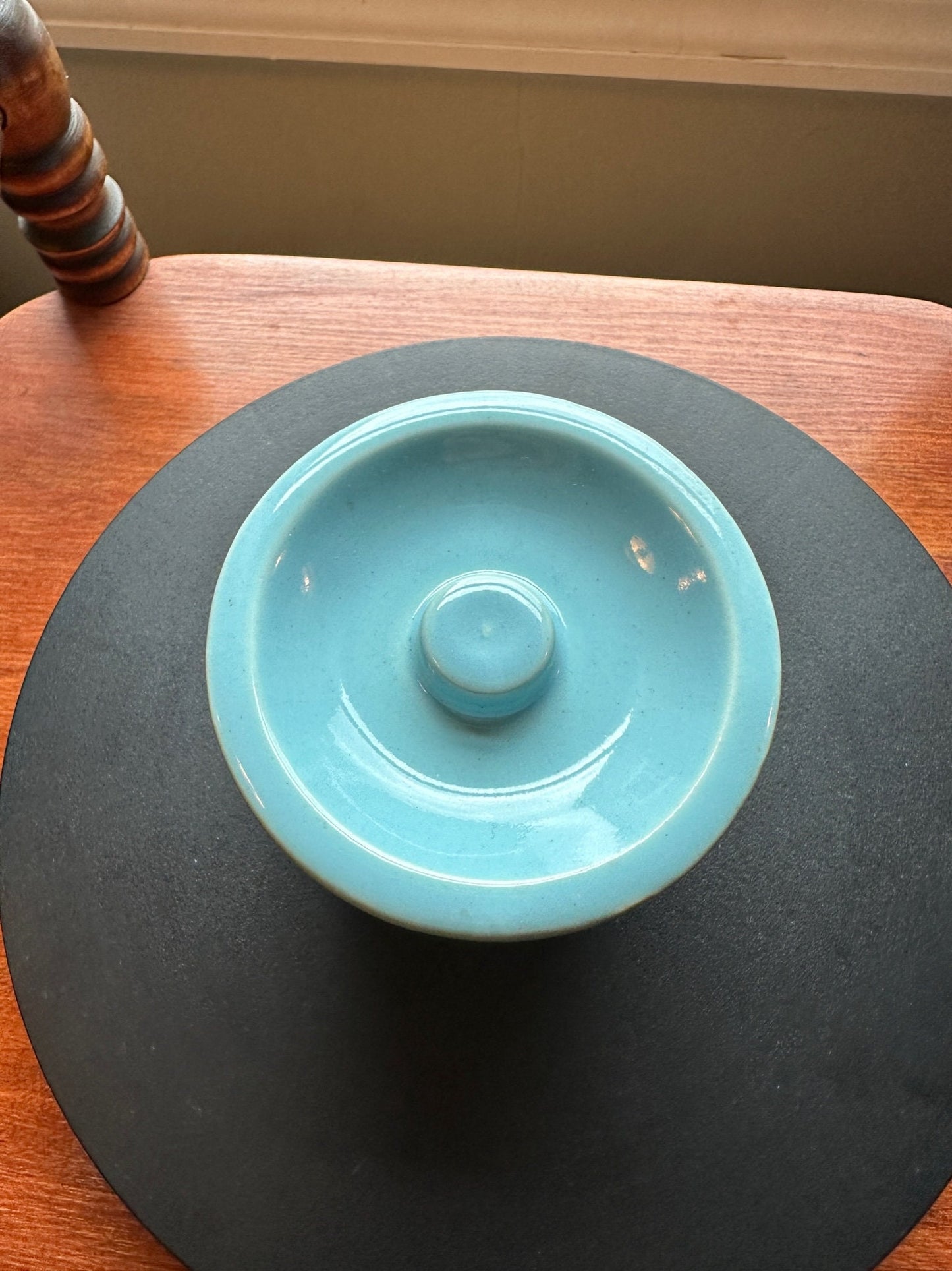 Vintage Blue Pottery Container with Lid: Folk Art Toothpick Holder