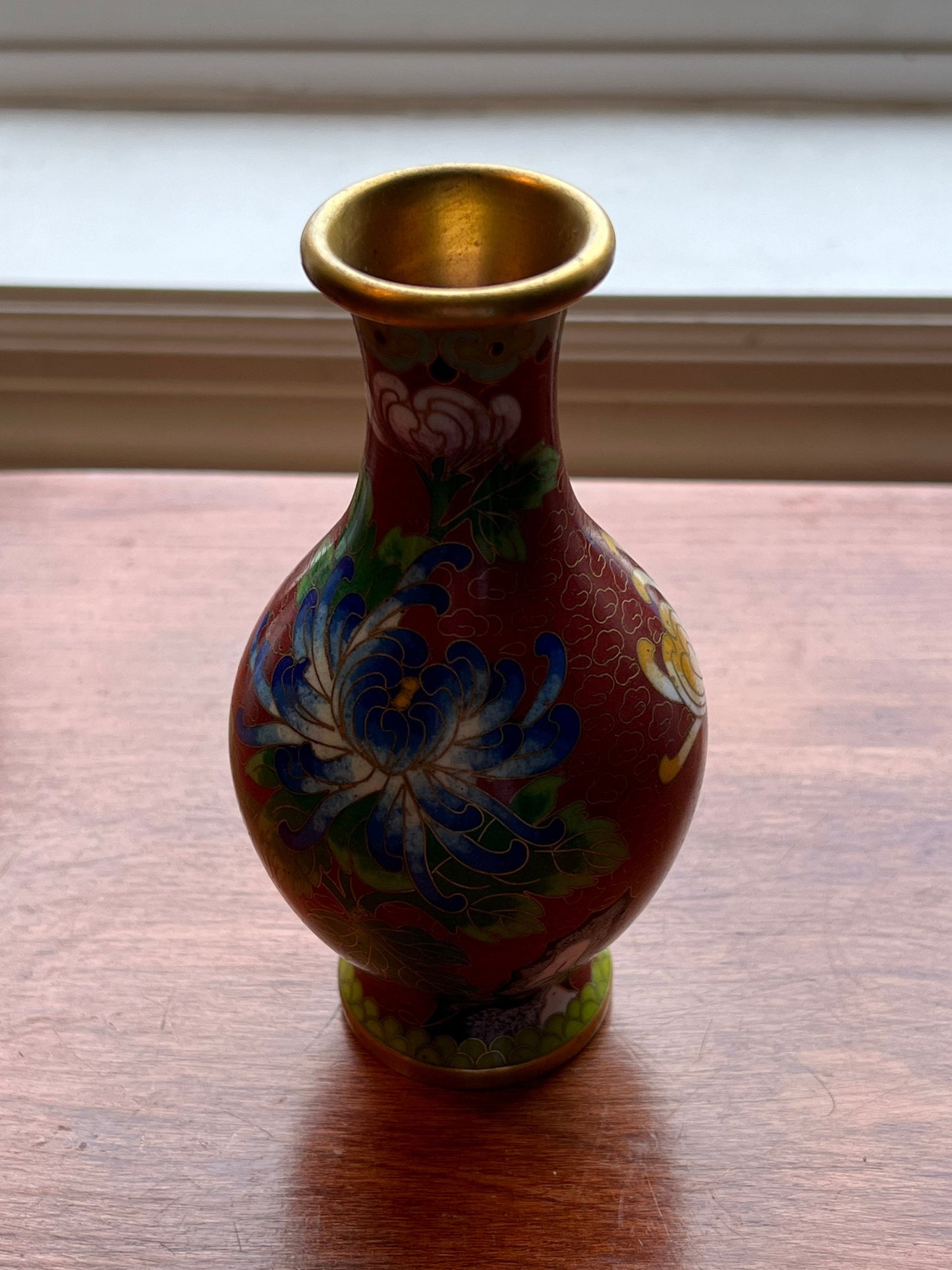 Vintage Cloisonné Vase brass and painted enamel 6” Red Green Blue Pink Flowers Lover Antiques and Vintage
