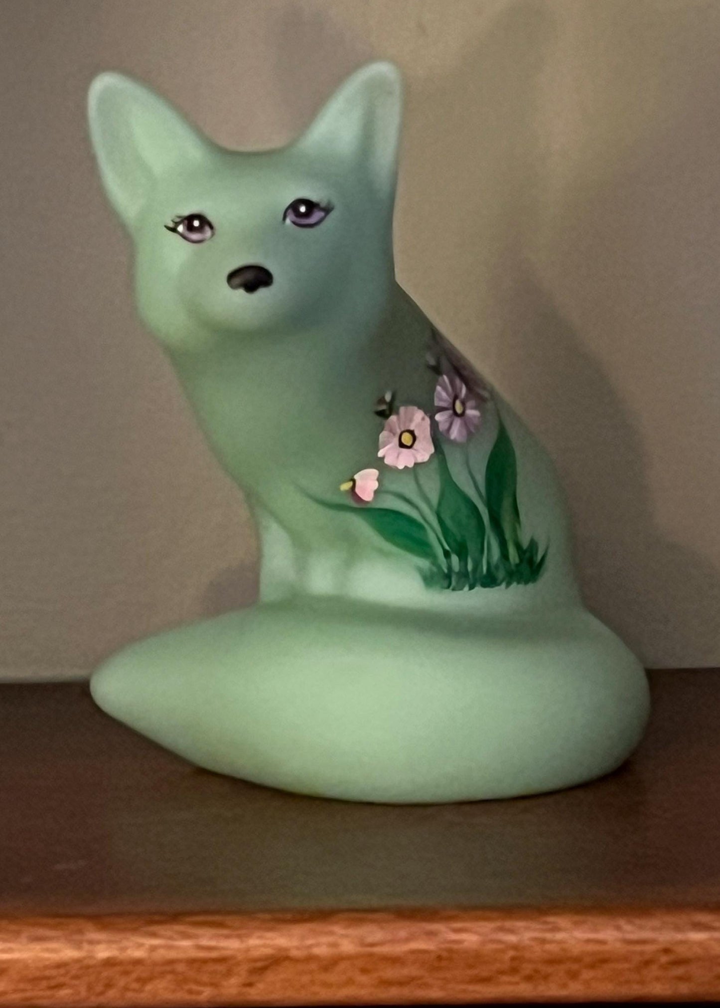 Fenton Green Hand Painted Fox Signed Lisa Van Es Art Glass, Painted Glass Fox Lover Antiques and Vintage