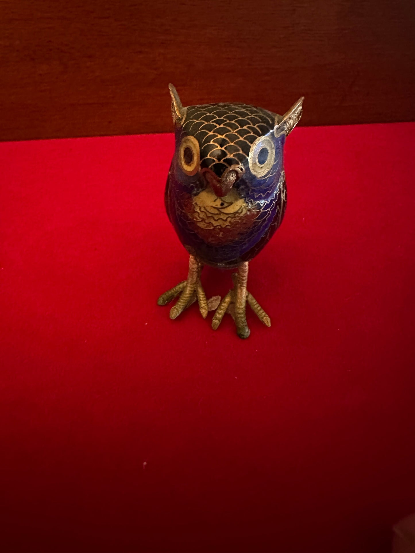 Antique Cloisonné Enamel Brass Owl Figurine: Cobalt Blue Decor