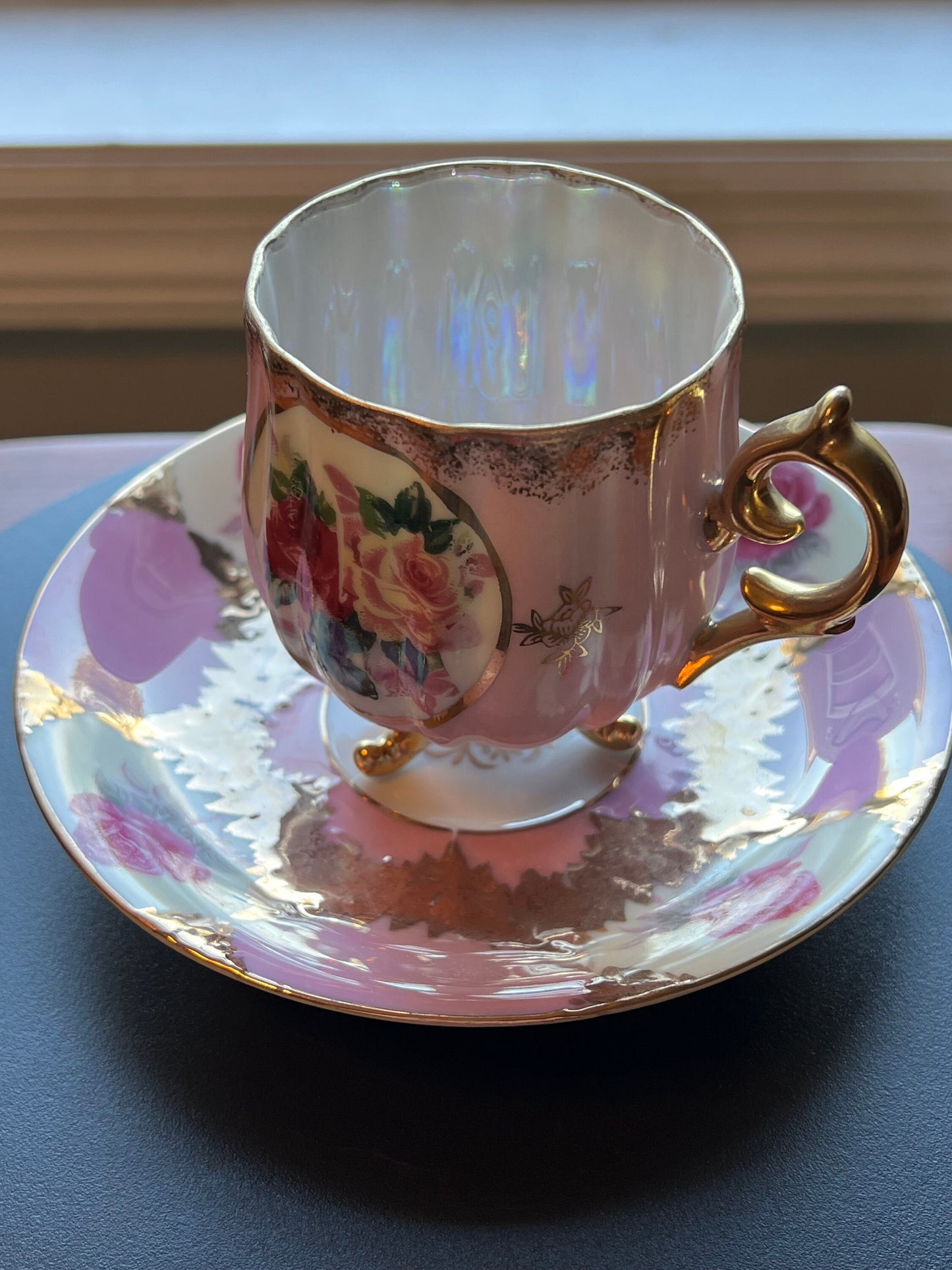 Vintage Shafford Bone China Tea Cup and Saucer: Rose and Gold Hand Painted