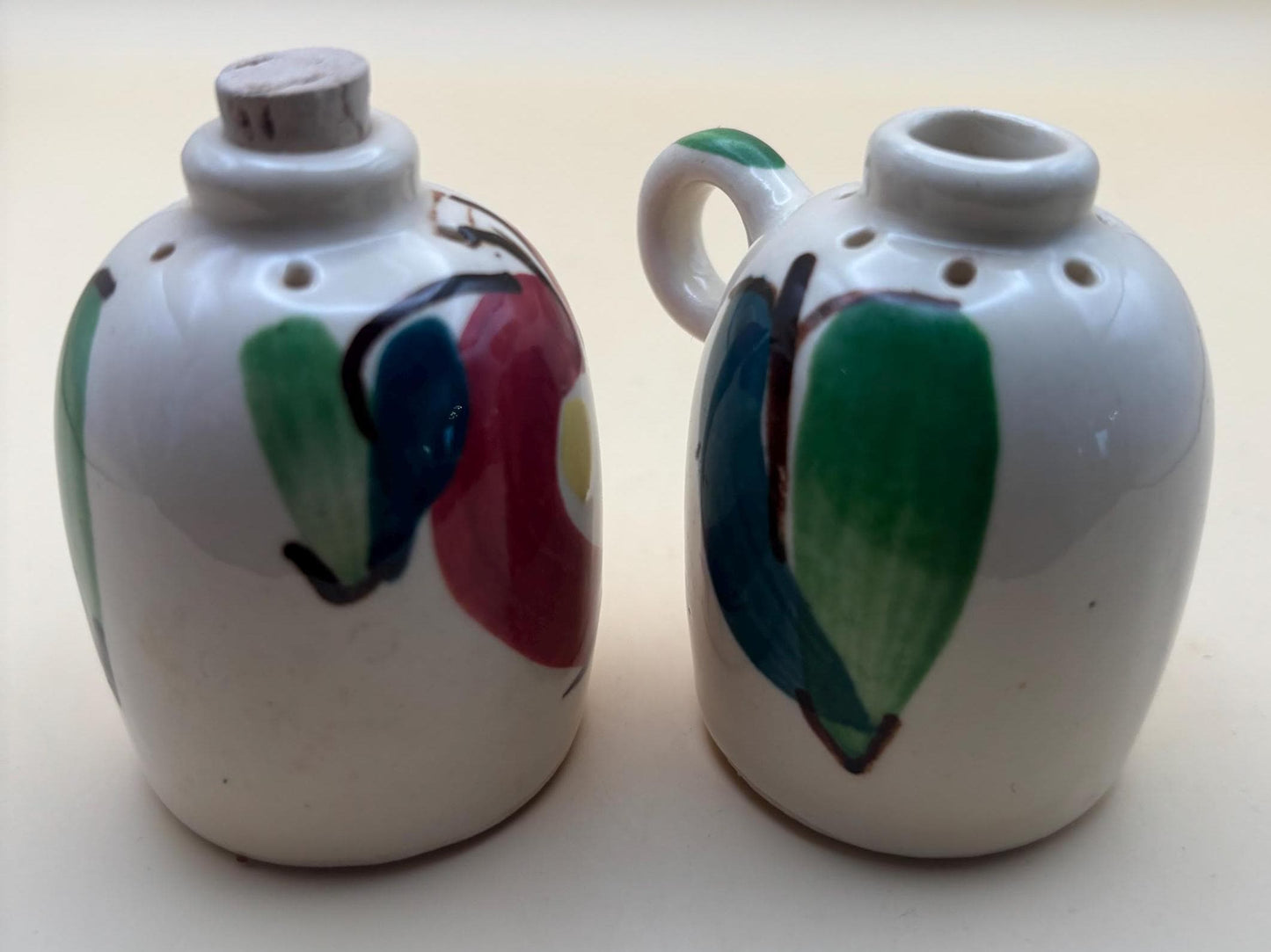 Vintage Purinton Pottery Hand Painted Green and Blue Leaves Salt & Pepper Shakers Apple Motif Ceramic Lover Antiques and Vintage