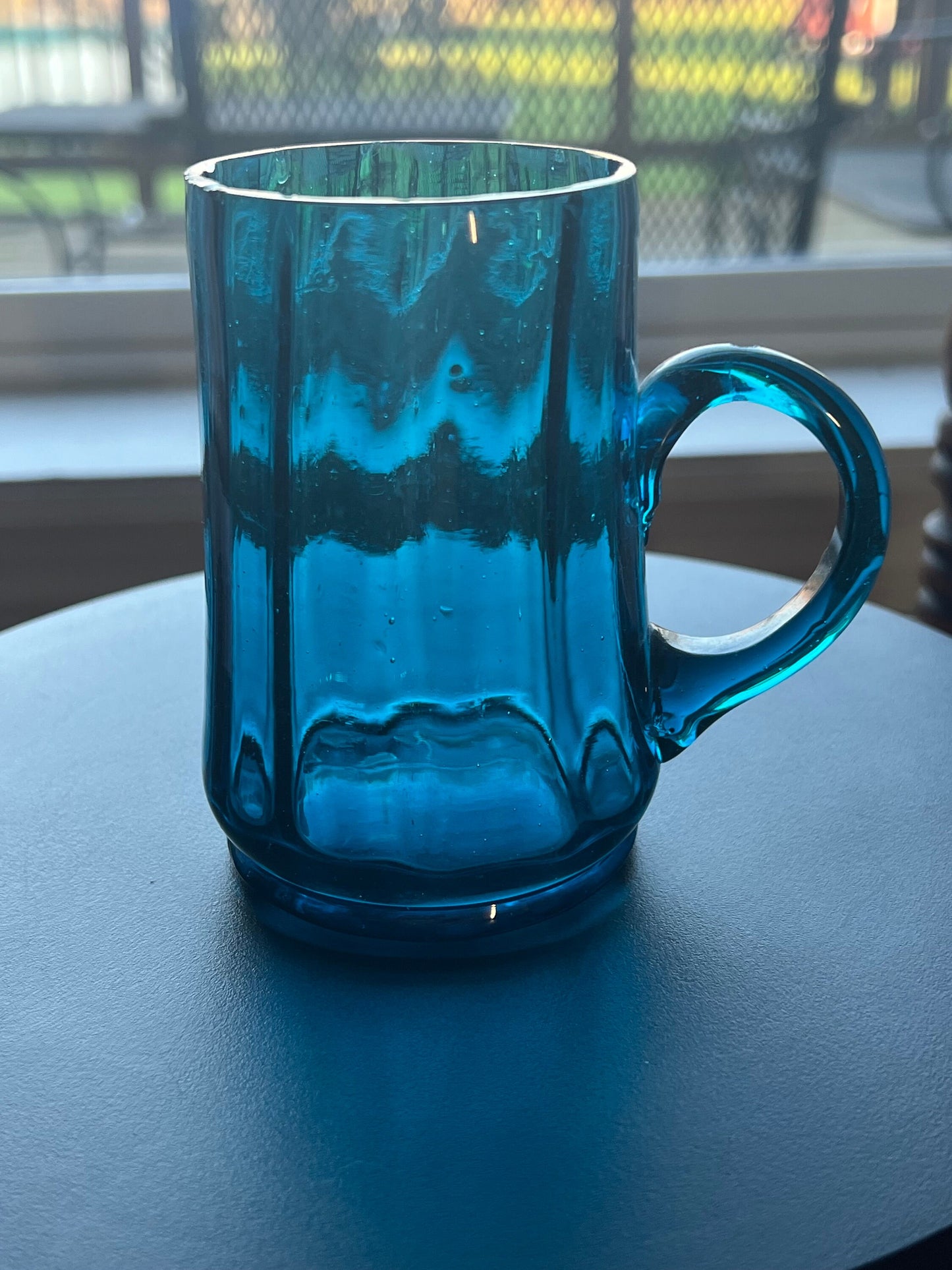 Vintage Blue Paneled Glass Cup with Handle