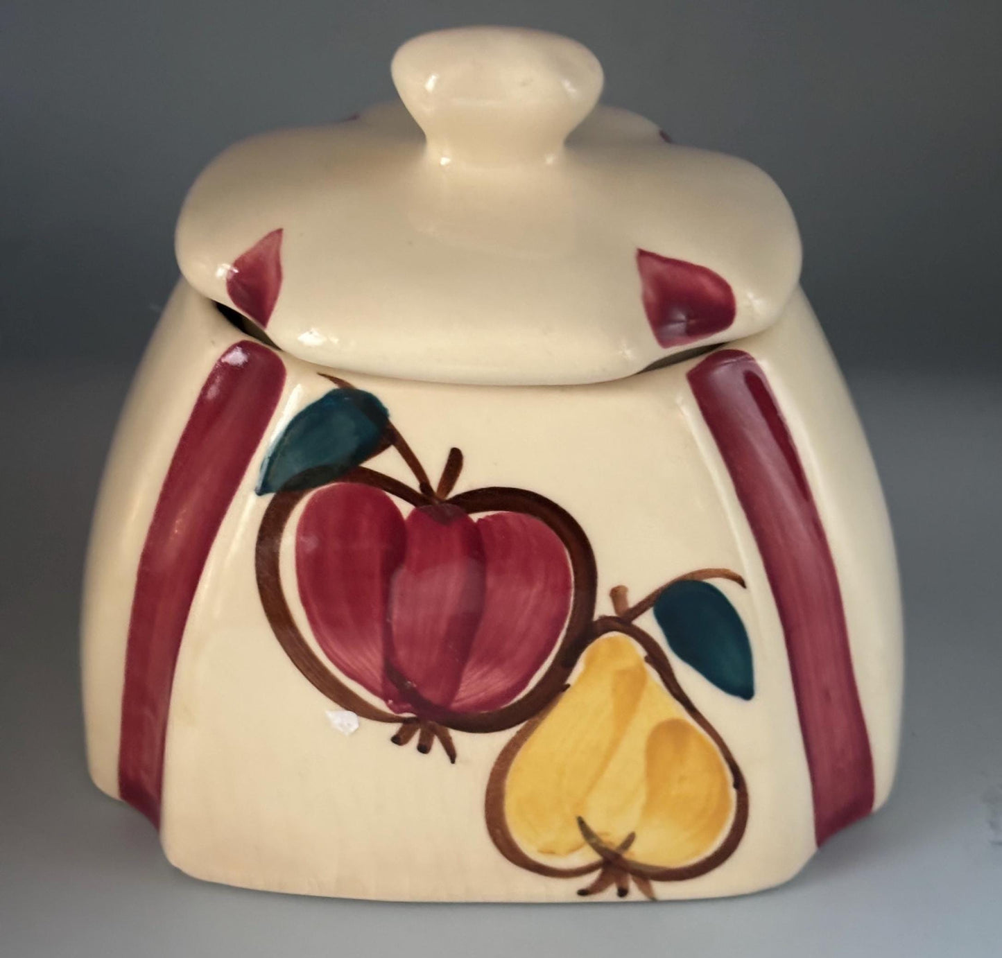 Purinton Pottery Canister Jar with Apple Pear Design, Drip Jar & Lid, Hand Painted Slipware Design