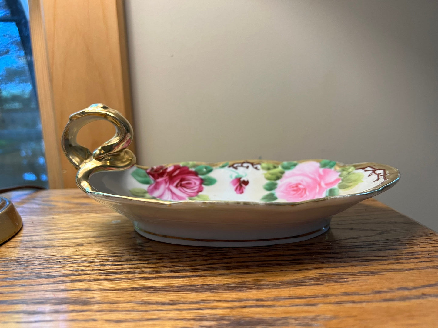 Vintage Nippon Porcelain Dresser Dish: Hand Painted Roses, Gold Handle