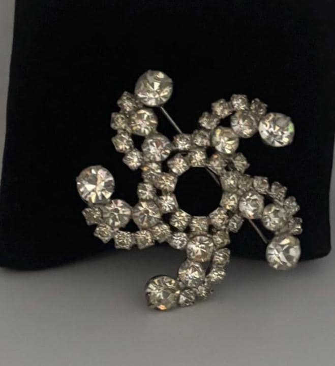 Vintage Rhinestone Swirl Brooch, Crystal Elegant Pin Jewelry