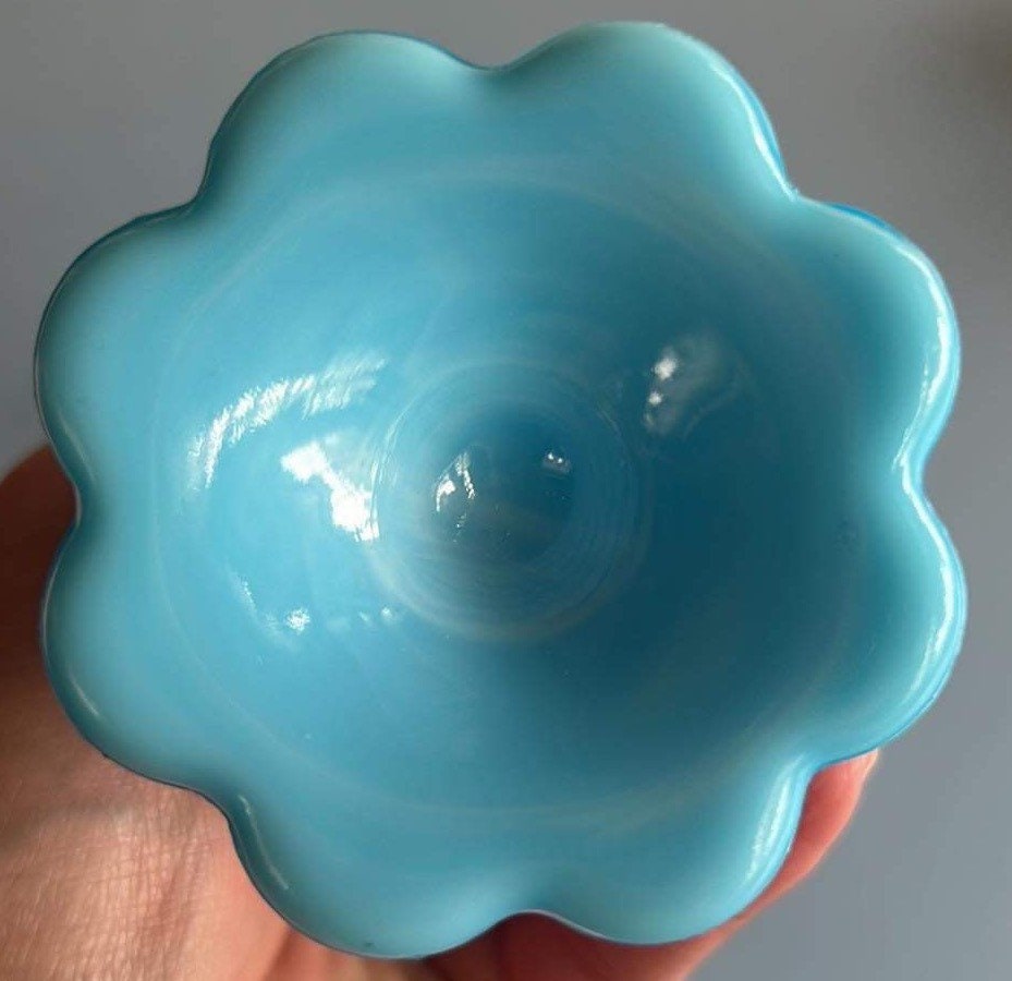Vintage Fenton Blue Slag Glass Bud Vase - Cabbage Rose Swung Vase 11”