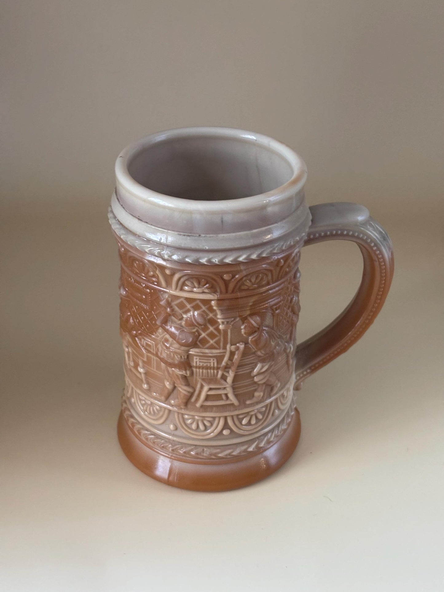 Antique Greentown Chocolate Glass Indoor Drinking Scene Pattern Stein, Lover Antiques and Vintage