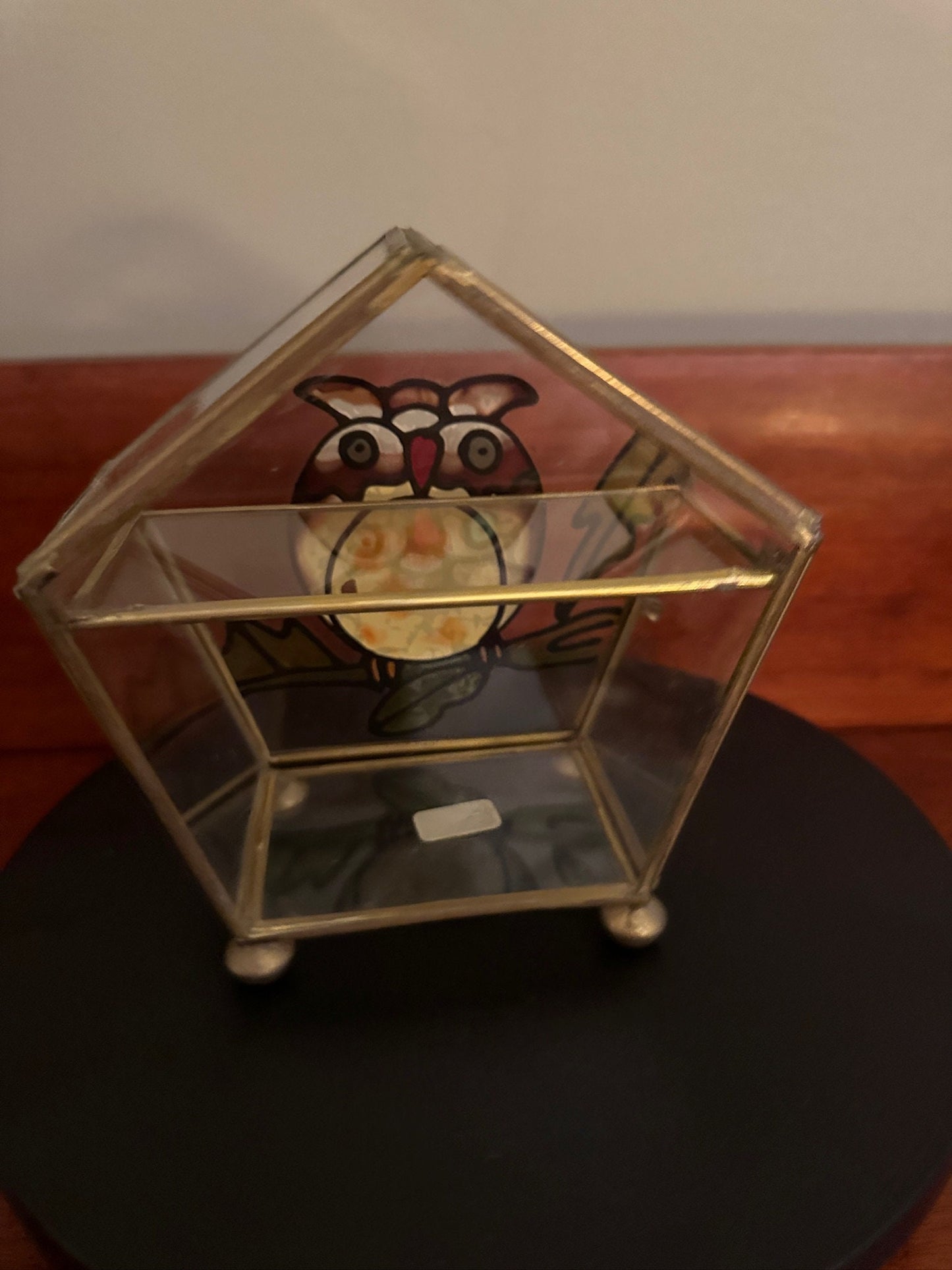 Vintage Stained Glass Owl Trinket Box: Brass & Glass