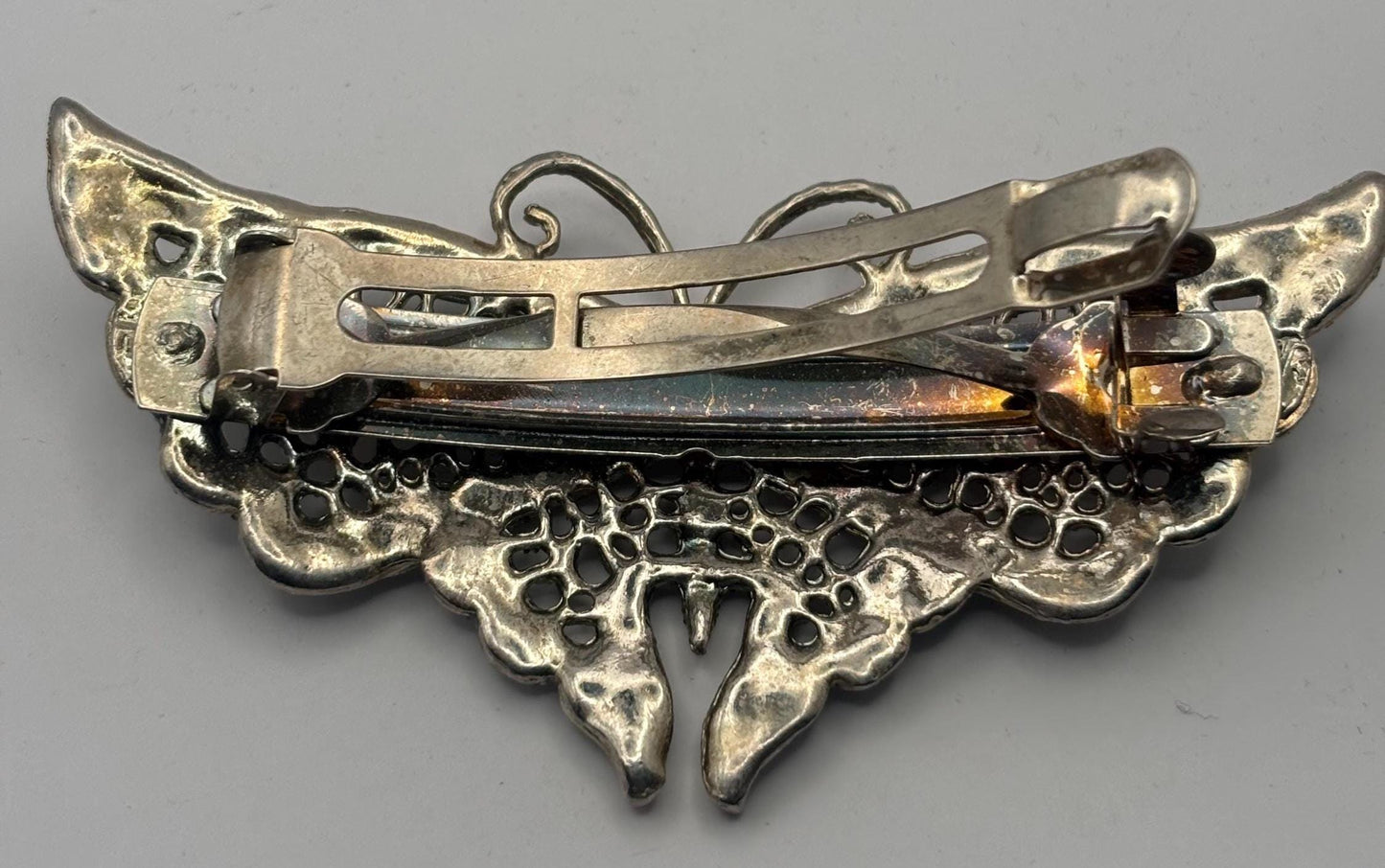 Elegant Butterfly Hair Clip, Butterfly Barrette Circa 1940's, French Silver Glass Stones