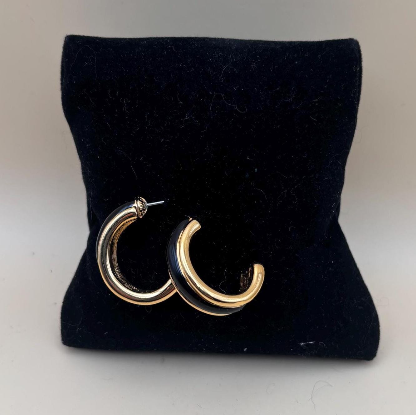 Vintage Monet Gold & Black Hoop Earrings Lover Antiques and Vintage
