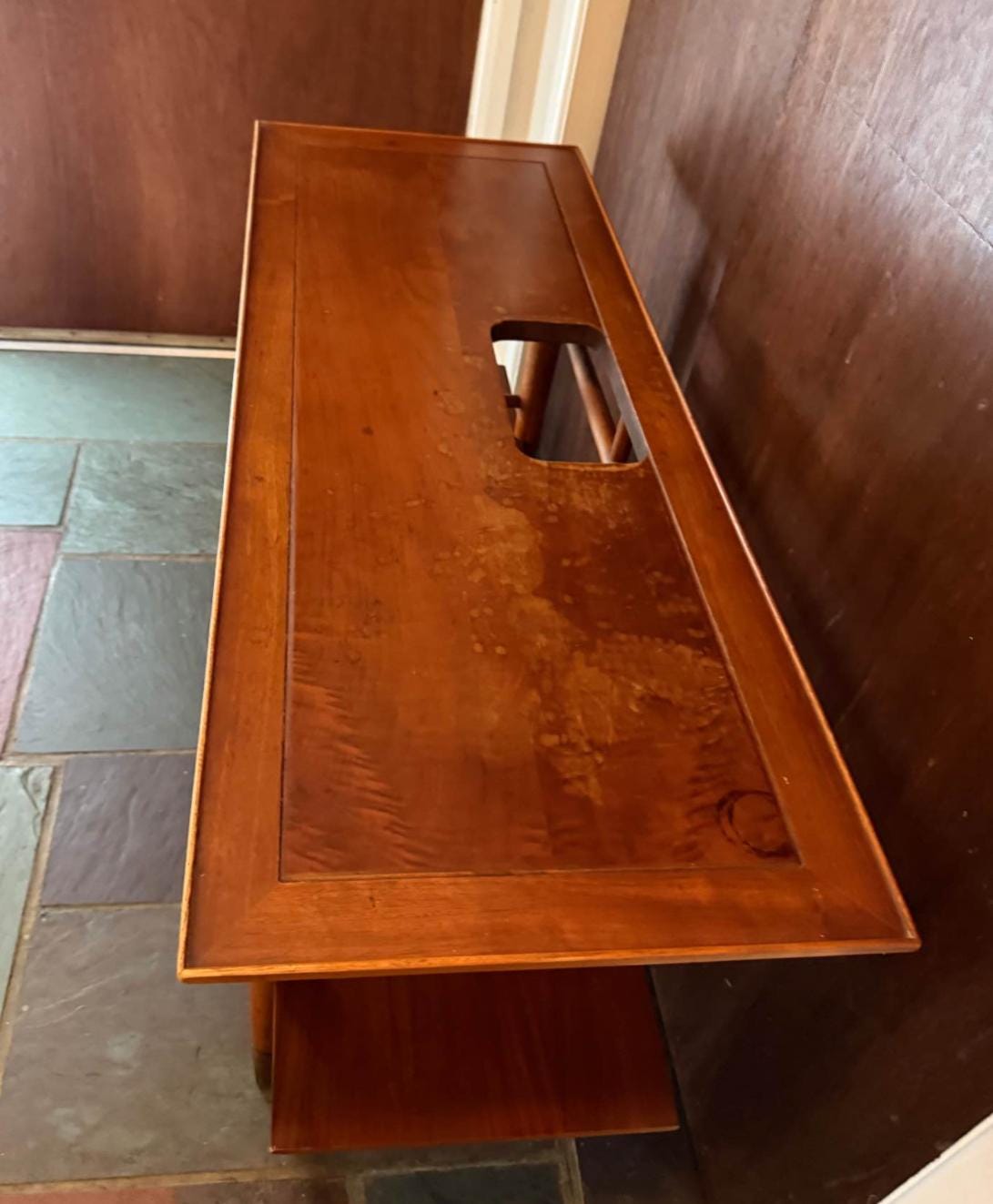 Lane Copenhagen Mid Century Modern Walnut Console Table, Tapered Legs with Brass Tips & a Cut Out, Lover Antiques and Vintage