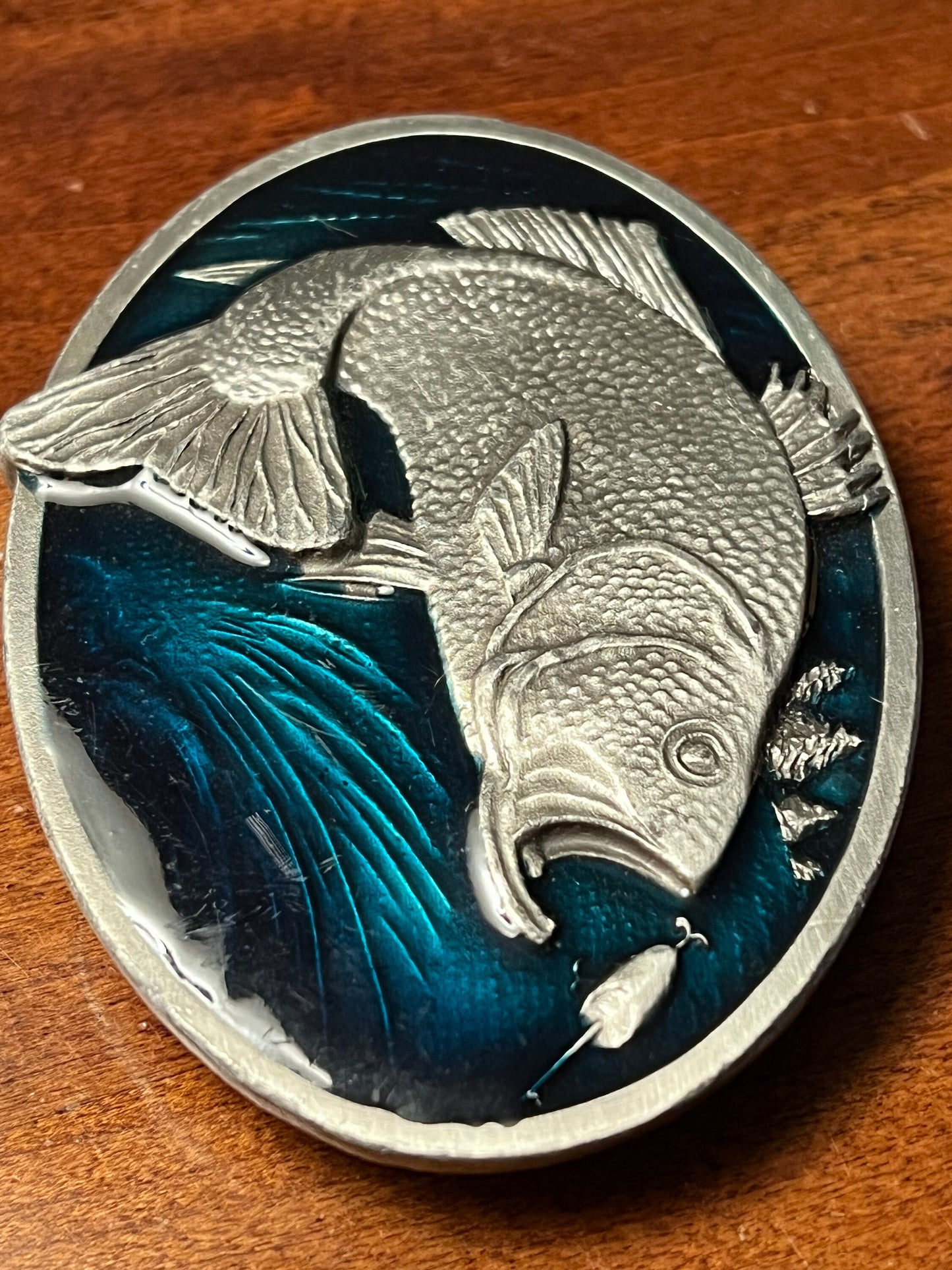 Vintage Fish Belt Buckle by Bergamot Brass Works, X-144 Enameled Green & Silver Fish Belt Buckle, Lover Antiques and Vintage