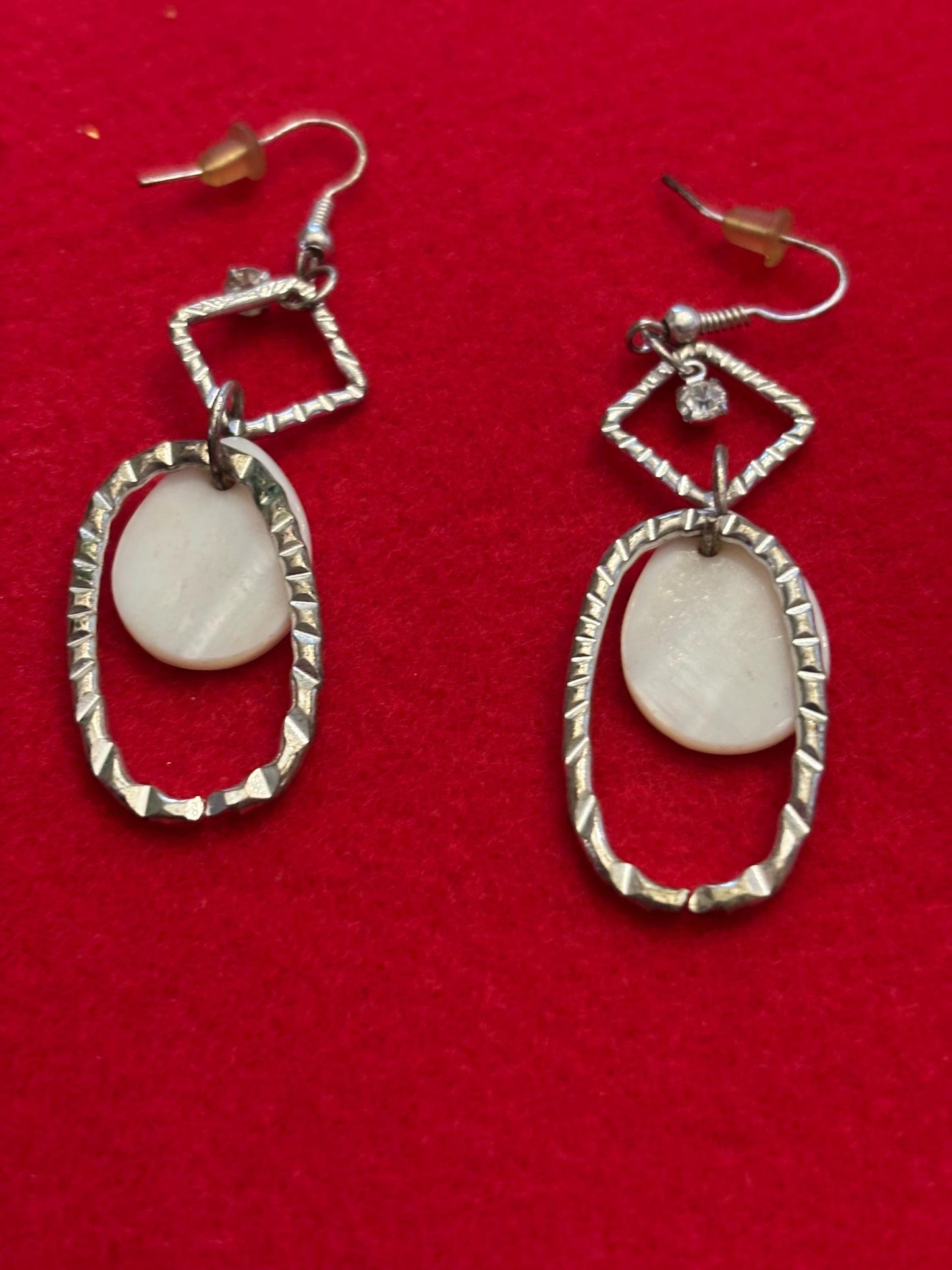 Vintage Pair of Silver Dangle Earrings with Diamond Shaped Top and Oval Bottom and Opal Style Stone