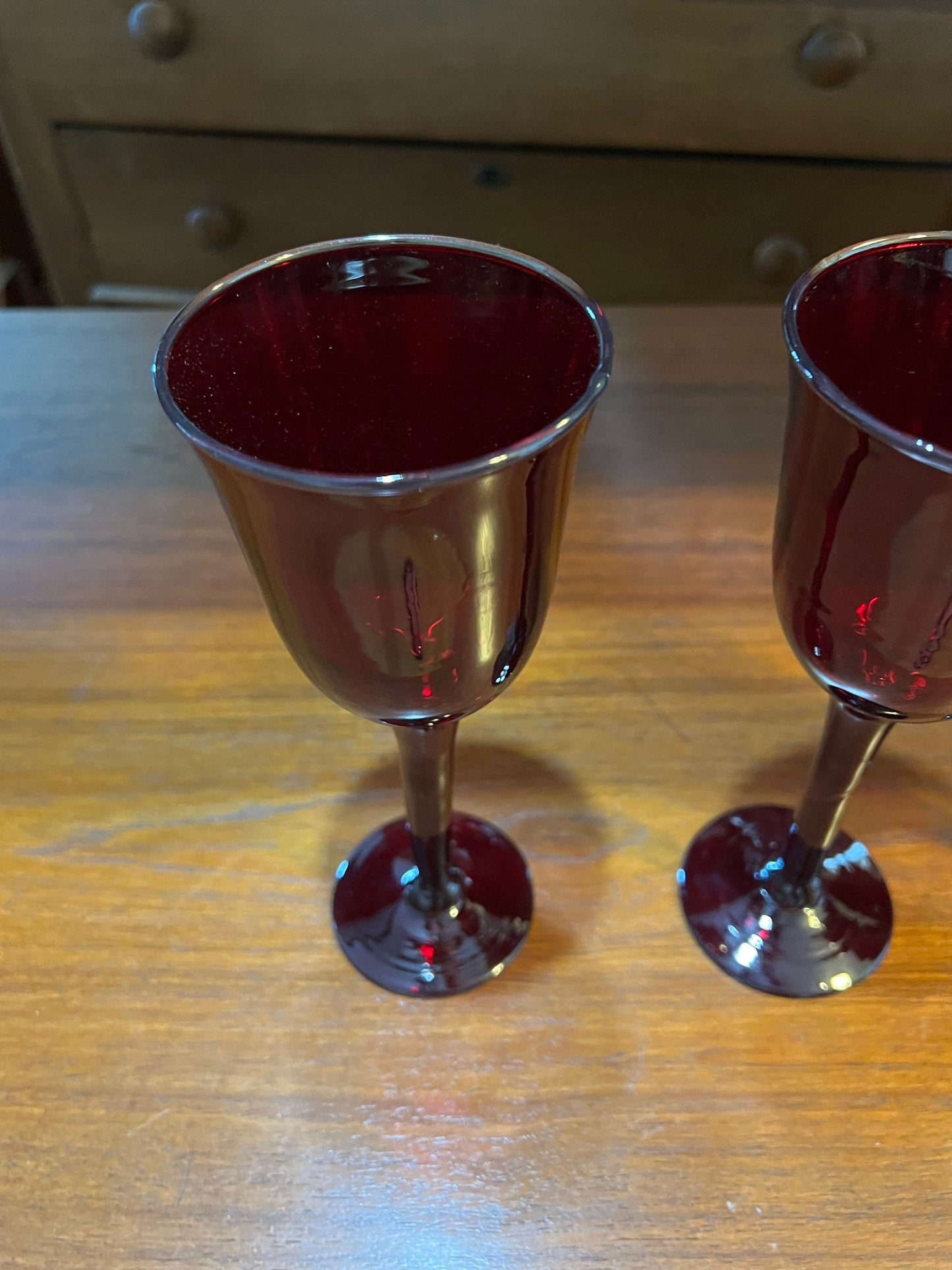 Vintage Ruby Red Glass Tall Glasses Set of 5 Art Glasses 12.5” high 3.5” wide at the top