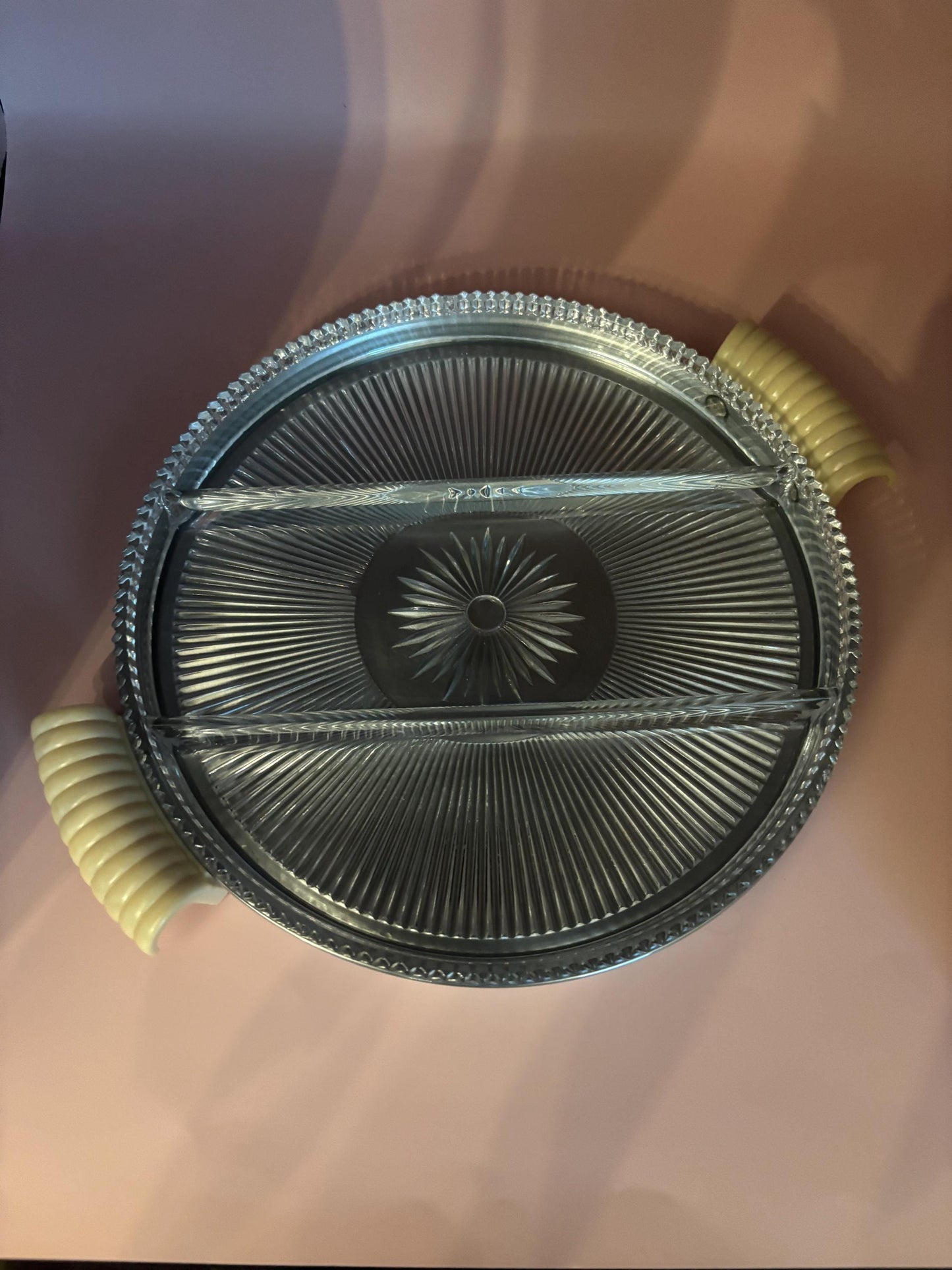 Vintage Glass & Pewter Platter with Green Handles, 12" Diameter