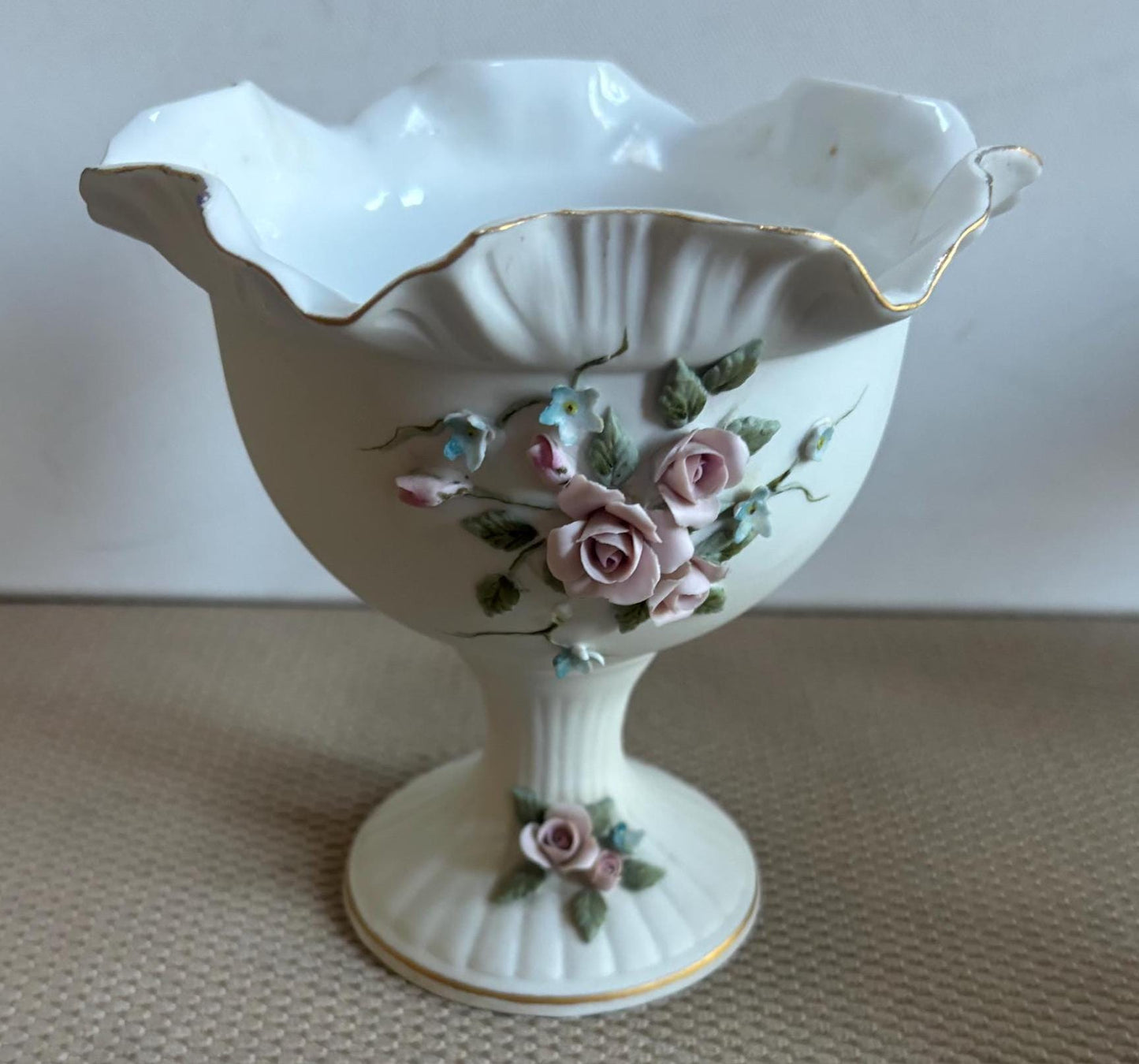 Vintage Lefton Compote Hand Painted Porcelain Capodimonte Style Roses Figurines Japanese Lover Antiques and Vintage