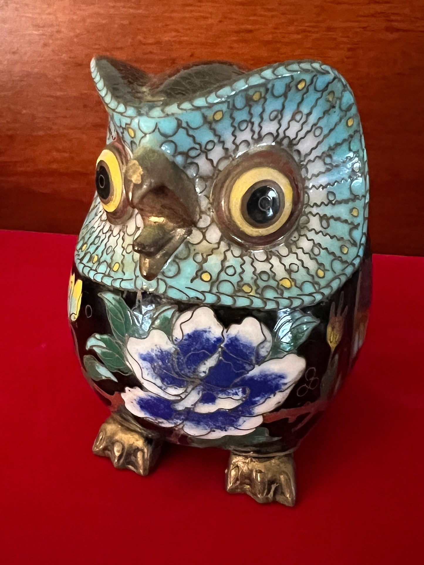 Vintage Cloisonné Enamel Owl Figurine: Cobalt Blue Brass Base