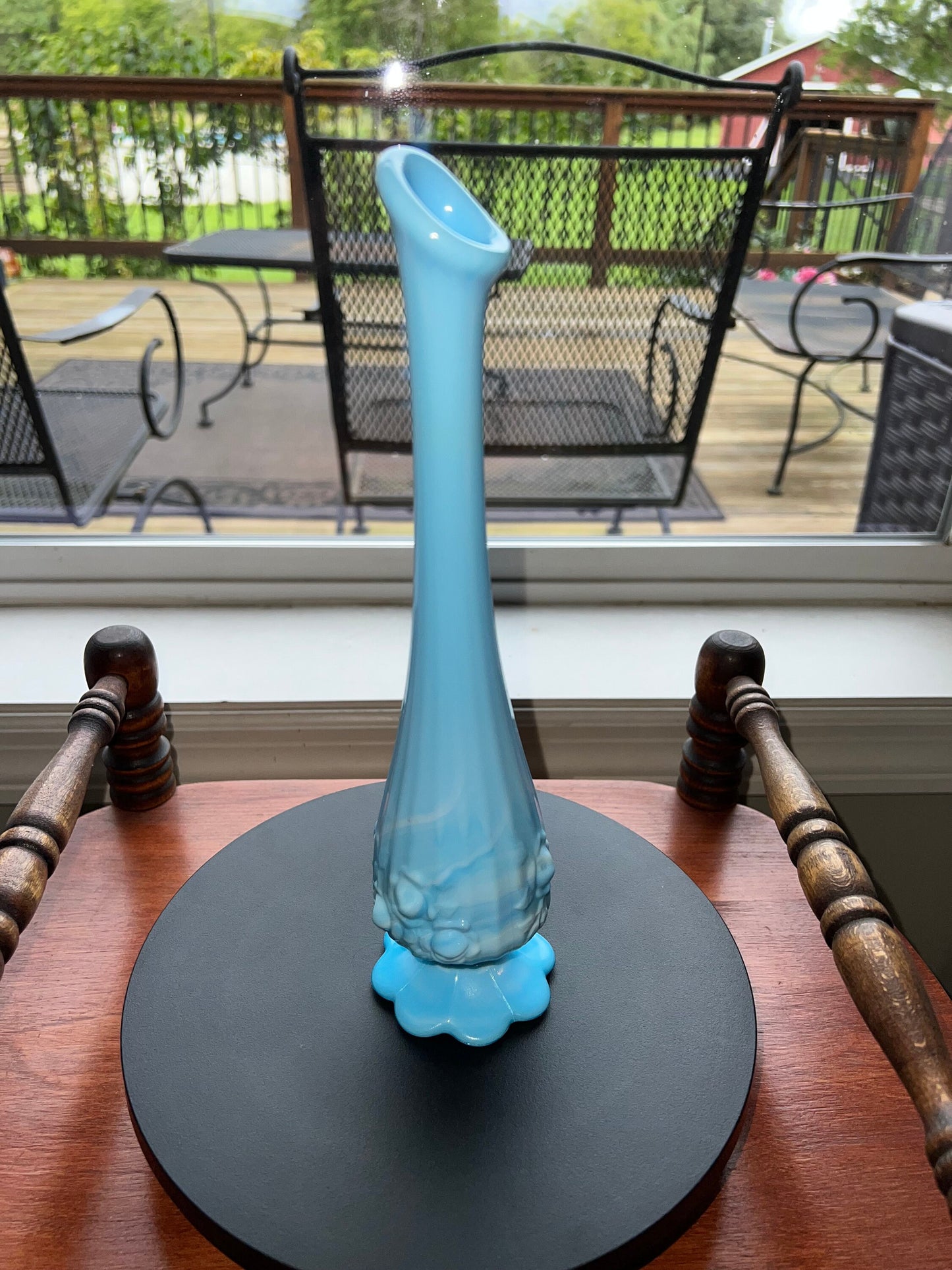 Vintage Fenton Blue Slag Glass Bud Vase - Cabbage Rose Swung Vase 11”