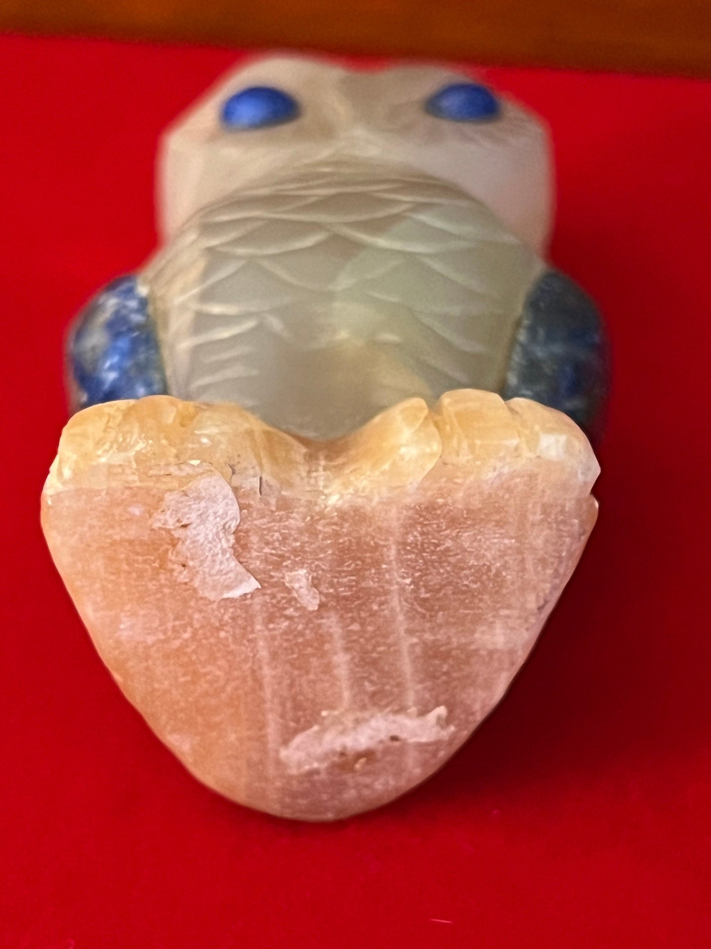 Vintage Carved Quartz Owl Figurine with Blue Eyes
