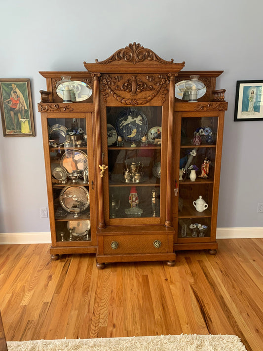 Antique Quarter Sawn Oak Triple Bookcase: Wavy Glass Library Bookshelf