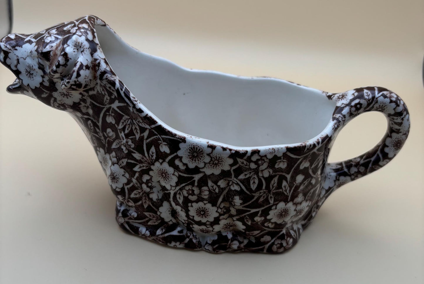 Calico Cow Creamer Royal Crownford Ironstone England Brown White Cow, Floral Transferware