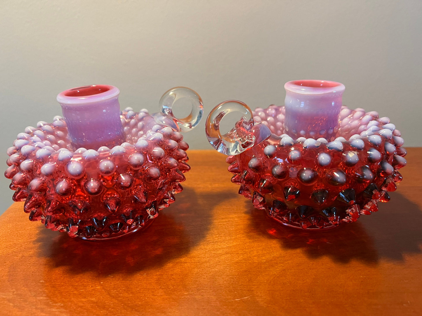 Vintage Fenton Cranberry Opalescent Hobnail Candleholder Pair Art Glass Pink Rose vintage