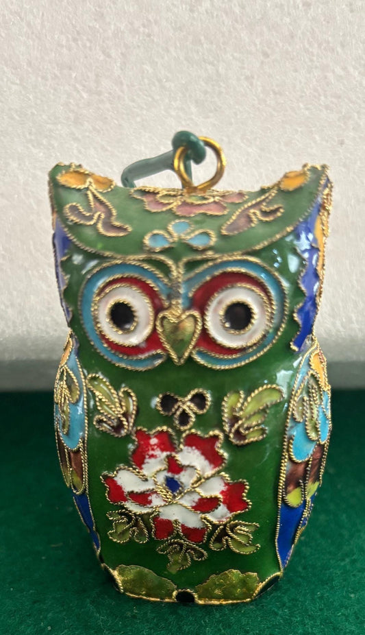 Vintage Green Cloisonné Brass Owl Figurine, Enameled Owl Statue, Colorful Gift