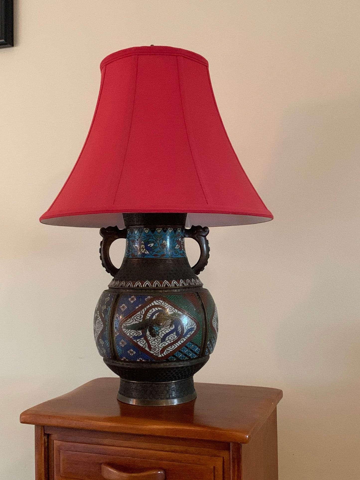 Antique Cloisonné Champlevé Bronze and Enamel Chinese Oriental Table Lamp