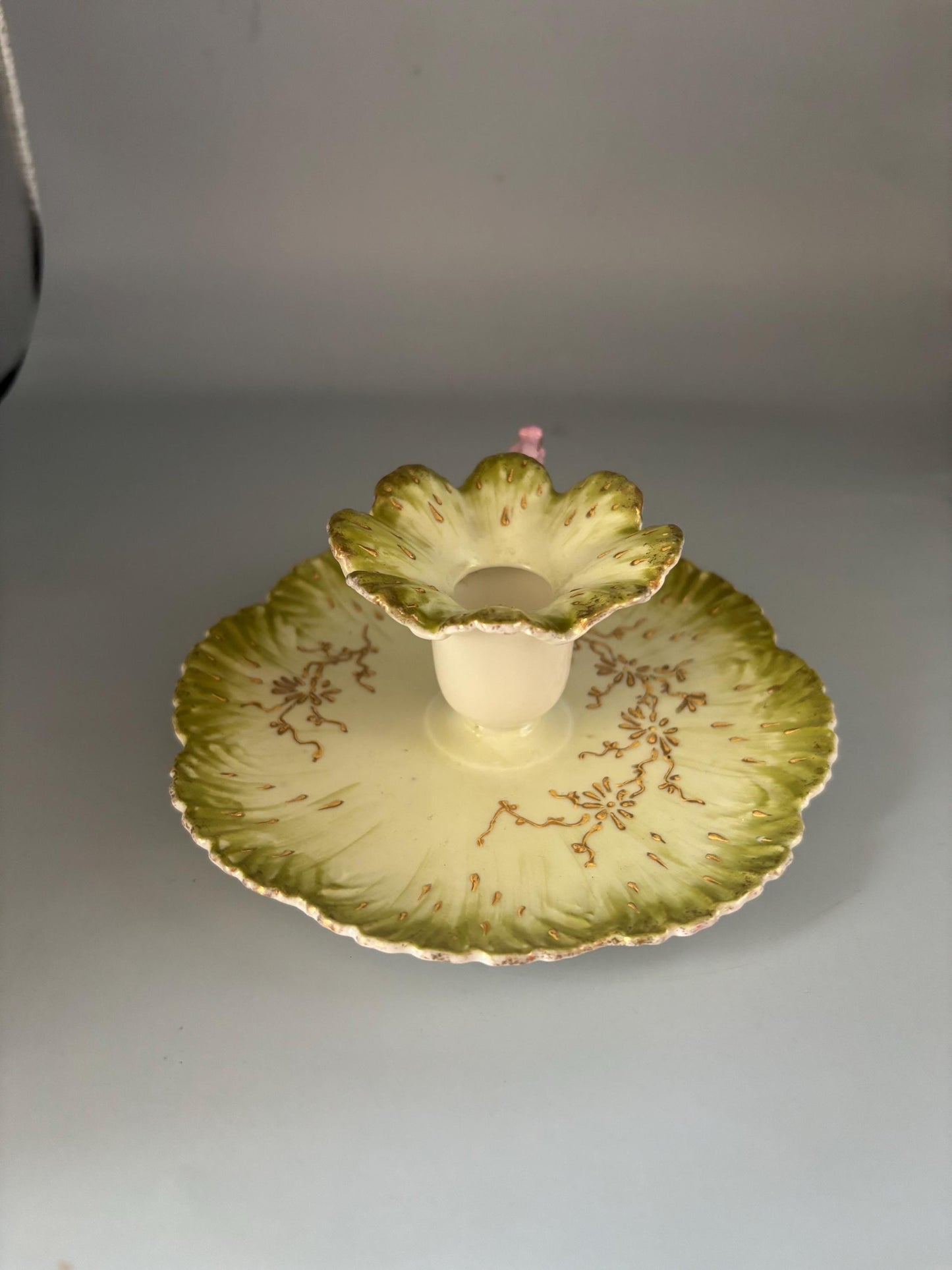 Vintage Limoges Green Gold Pink Fancy Candle Chamberstick with Saucer, French Porcelain Candle Holder, Unique Gift for Her