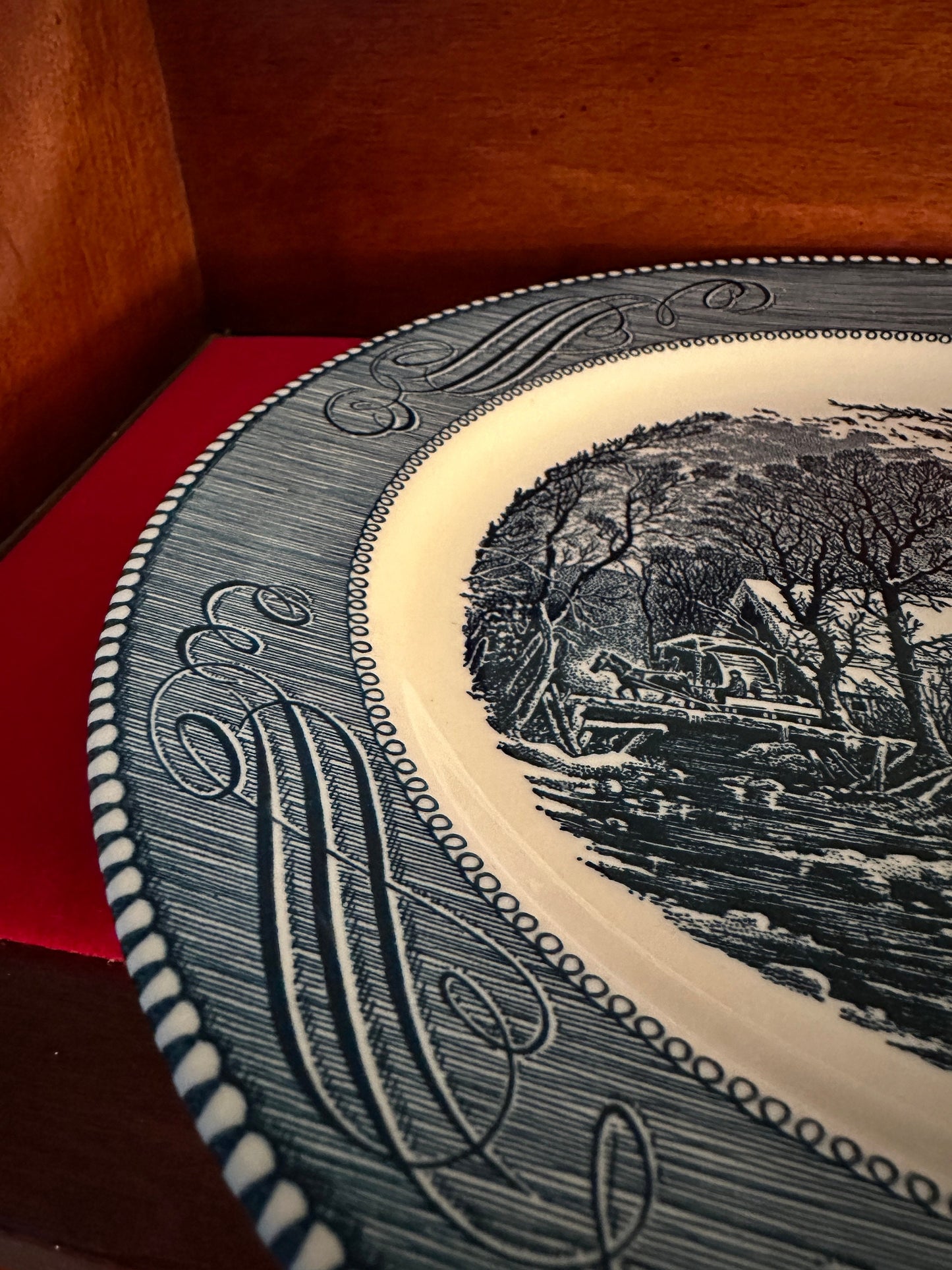 Vintage Currier & Ives Royal China Ironstone Plate: Americana Blue