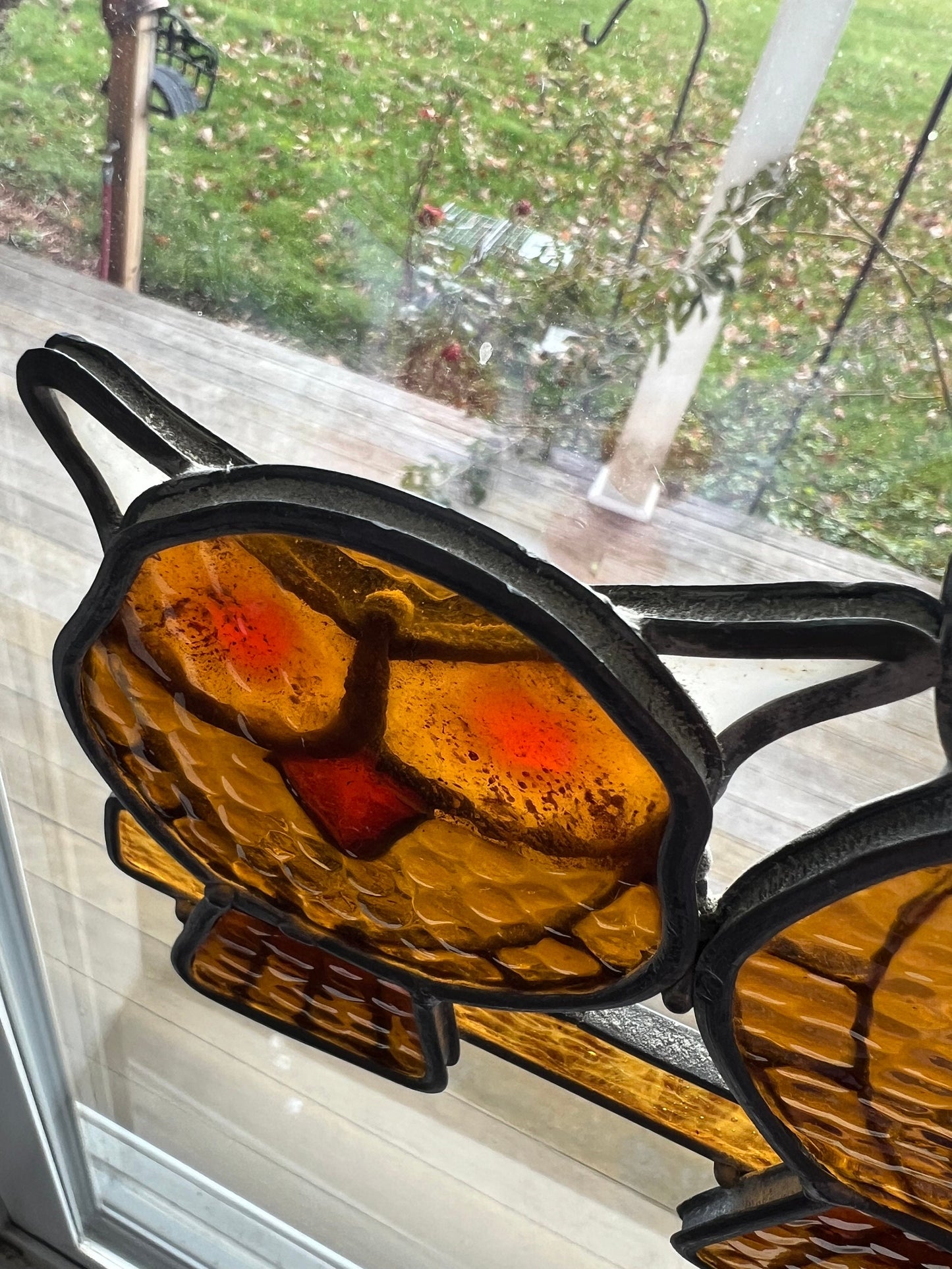 Vintage Stained Glass Owl Family Window Hanging