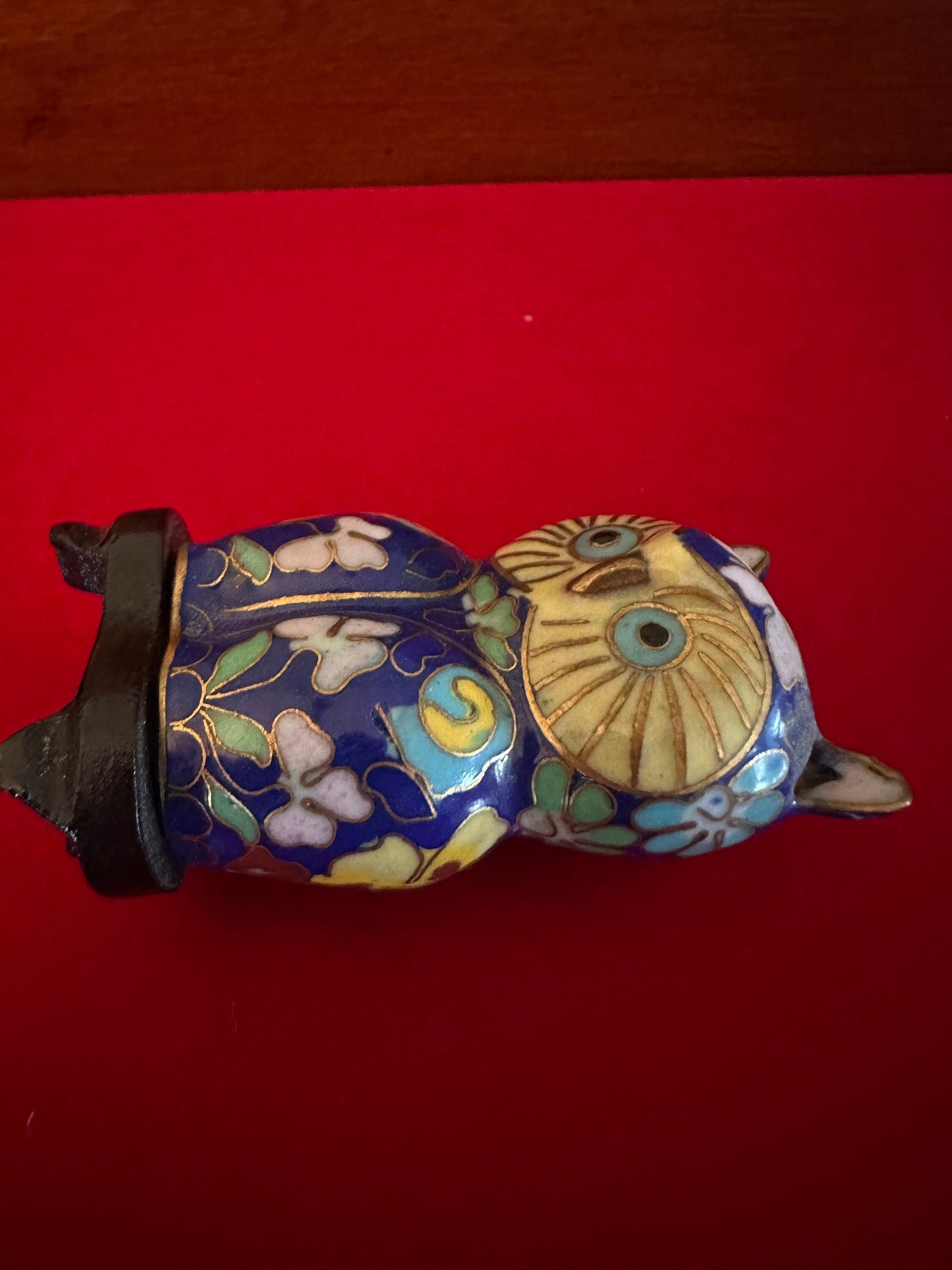 Vintage Cloisonné Enamel Owl Figurine on Stool: Cobalt Blue Brass Statue