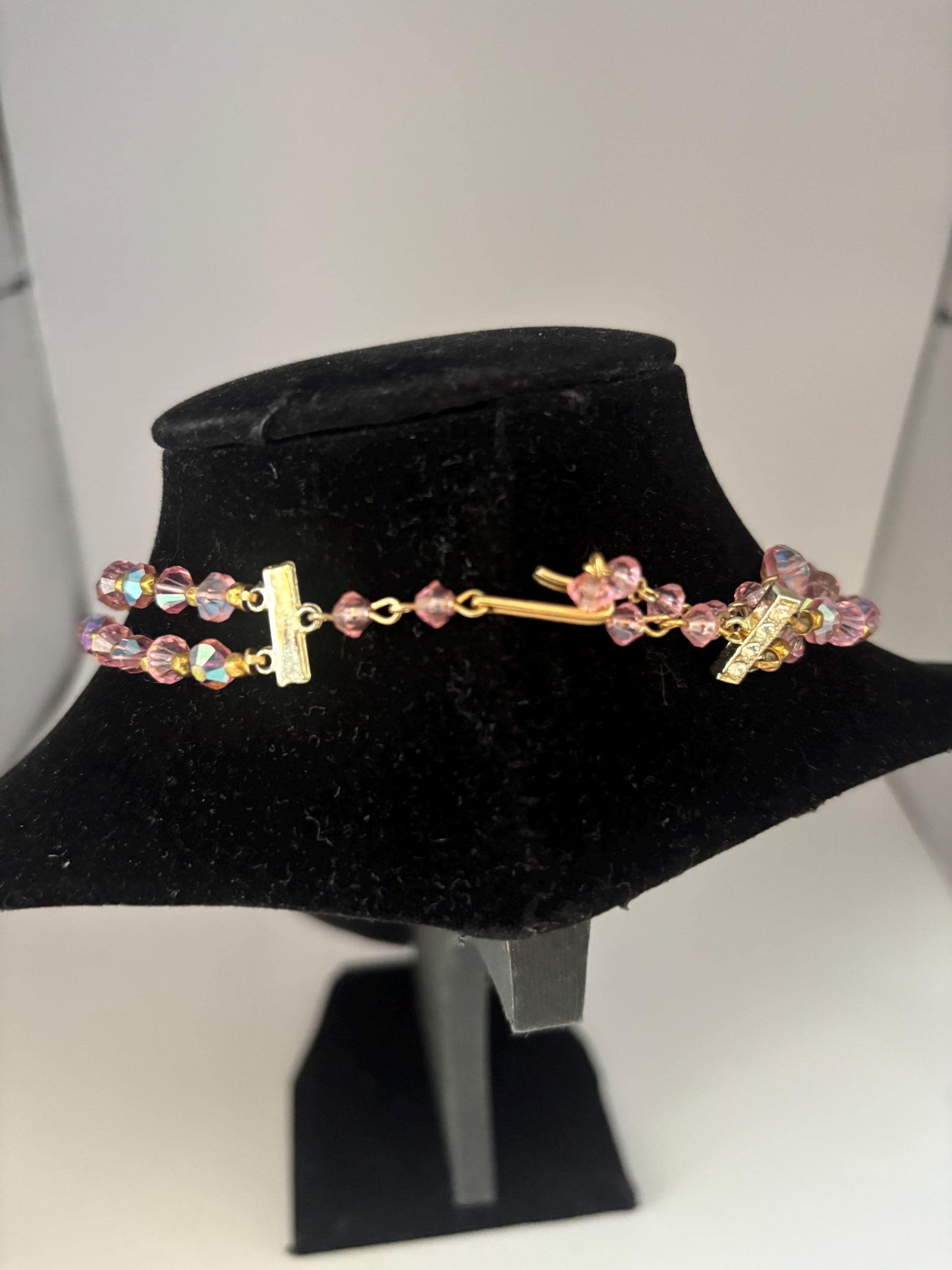 Vintage Pink Aurora Borealis Style Crystals & Gold Necklace Fringe Jewelry Lover Antiques and Vintage