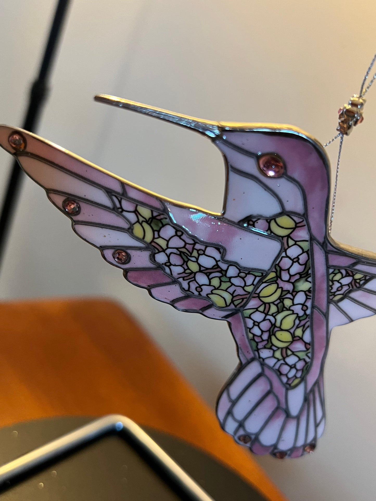 Vintage Hummingbird Stained Glass Art Sun Catcher pink bird