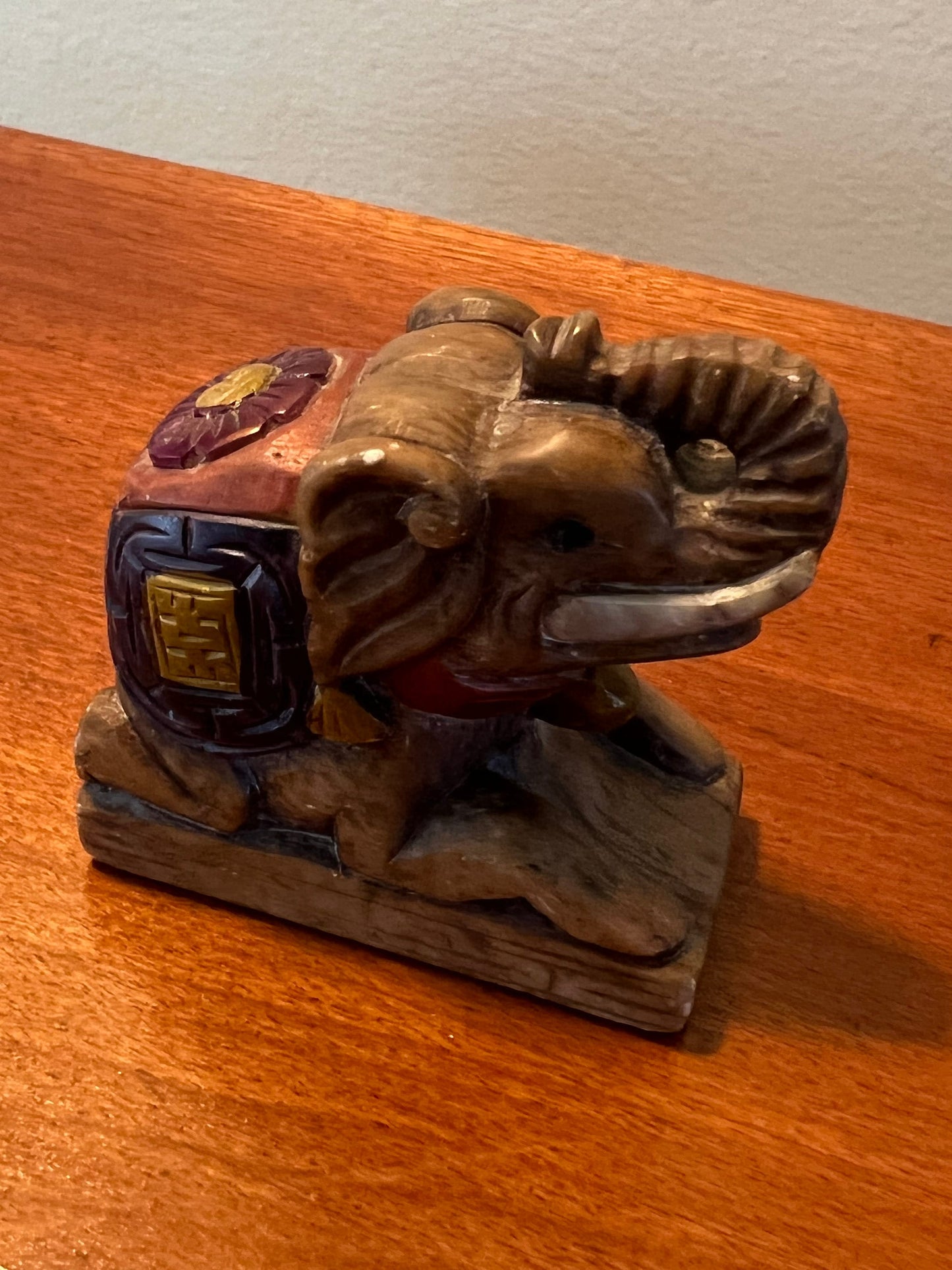 Vintage Hand Carved Soapstone Elephant Figurine: Painted Floral Detail