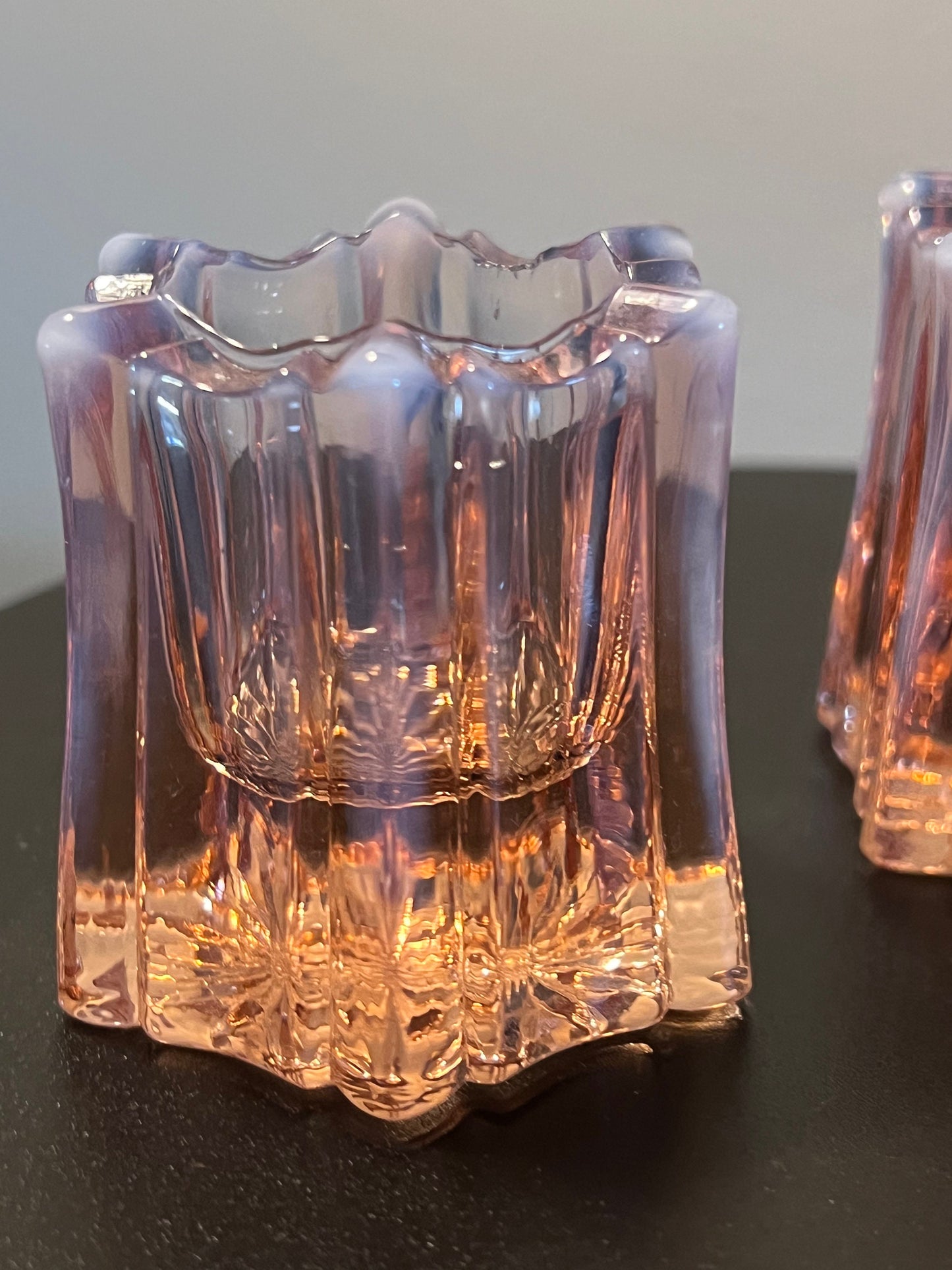 Vintage Fenton Vulcan Pink Cranberry Opalescent Pair of Votive Candle Holder Vases Toothpick Small Container Glass Art Lover Antiques