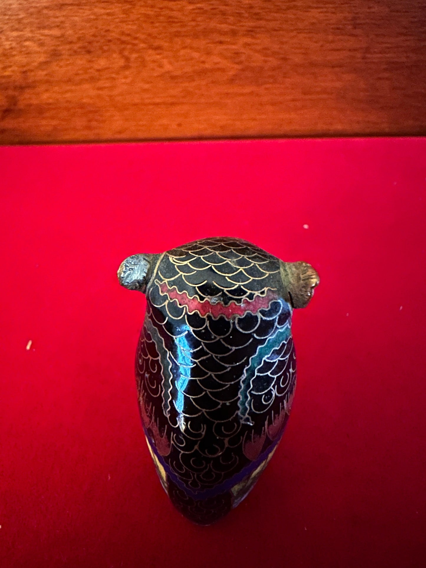 Antique Cloisonné Enamel Brass Owl Figurine: Cobalt Blue Decor