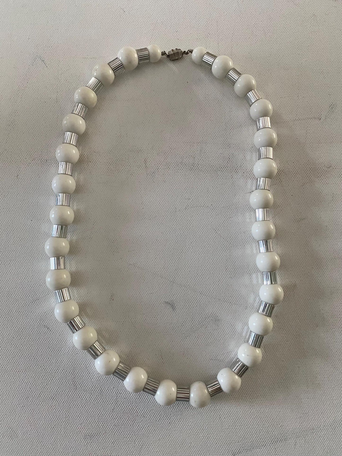 Vintage White Beaded Necklace with Silver Accents