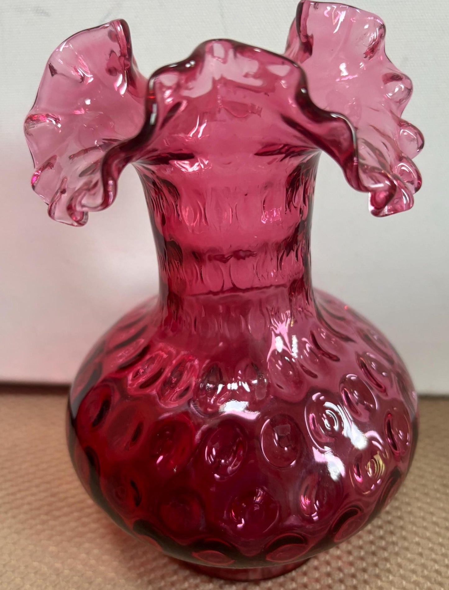 Vintage Fenton Cranberry Glass Vase Pink Ruffled Glass Art Pink Rose Vase Lover Antiques and Vintage
