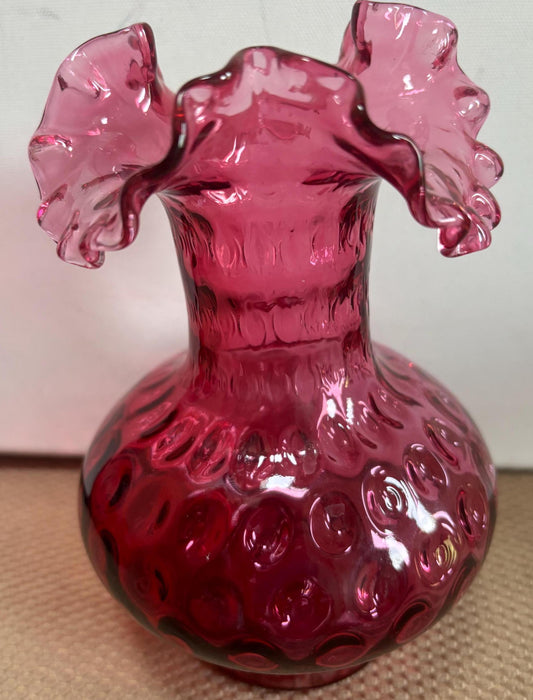 Vintage Fenton Cranberry Glass Vase Pink Ruffled Glass Art Pink Rose Vase Lover Antiques and Vintage