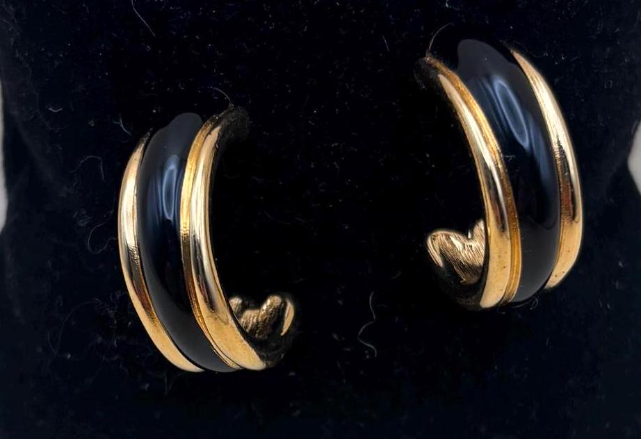 Vintage Monet Gold & Black Hoop Earrings Lover Antiques and Vintage