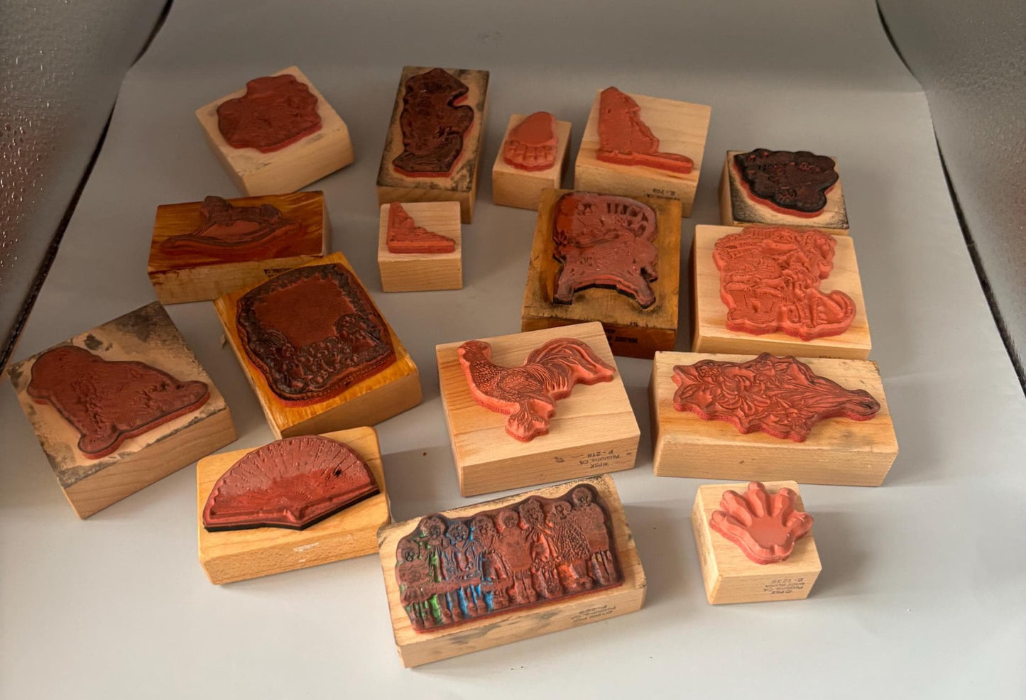 Collection of Vintage Wood Mounted Rubber Stamps, PSX 1988 Frame, Rooster Raggedy Ann Dog Rocking Horse