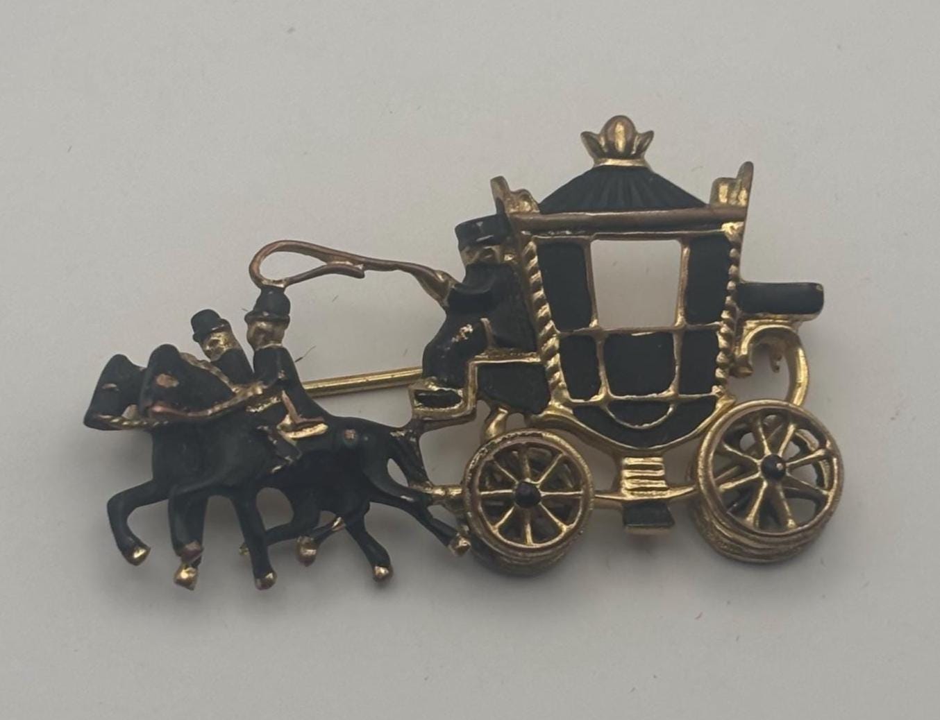 Vintage Carriage Stagecoach Horse Pin Black Enamel Gold Brooch Lover Antiques and Vintage