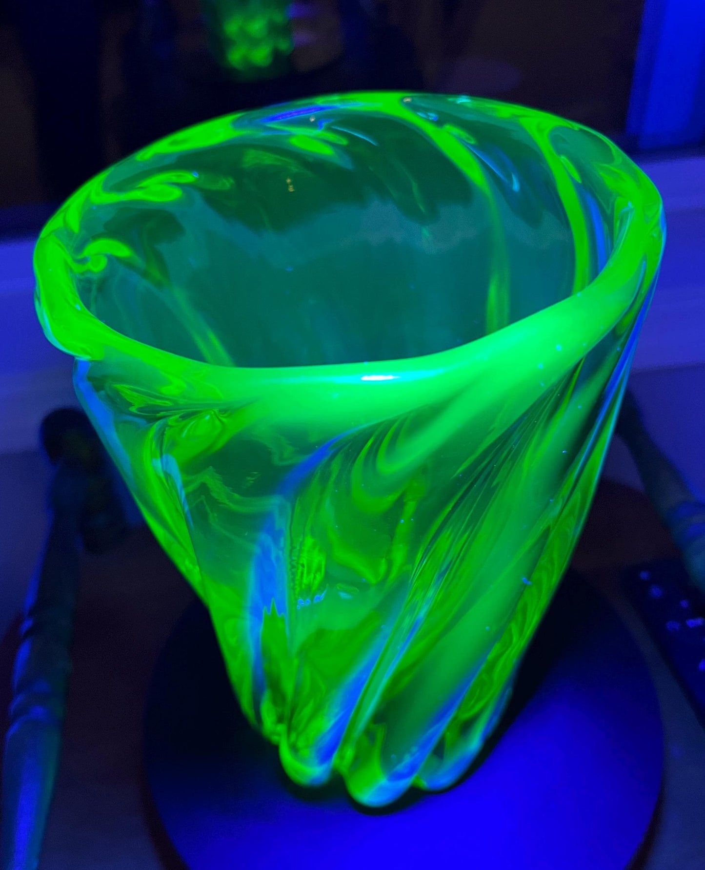 Vintage Uranium Glass Vase, Abstract Sommerso Style, 9" Glowing Vaseline Glass