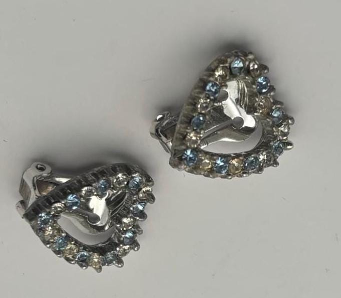 Vintage Silver Heart Rhinestones Earrings Lover Antiques and Vintage
