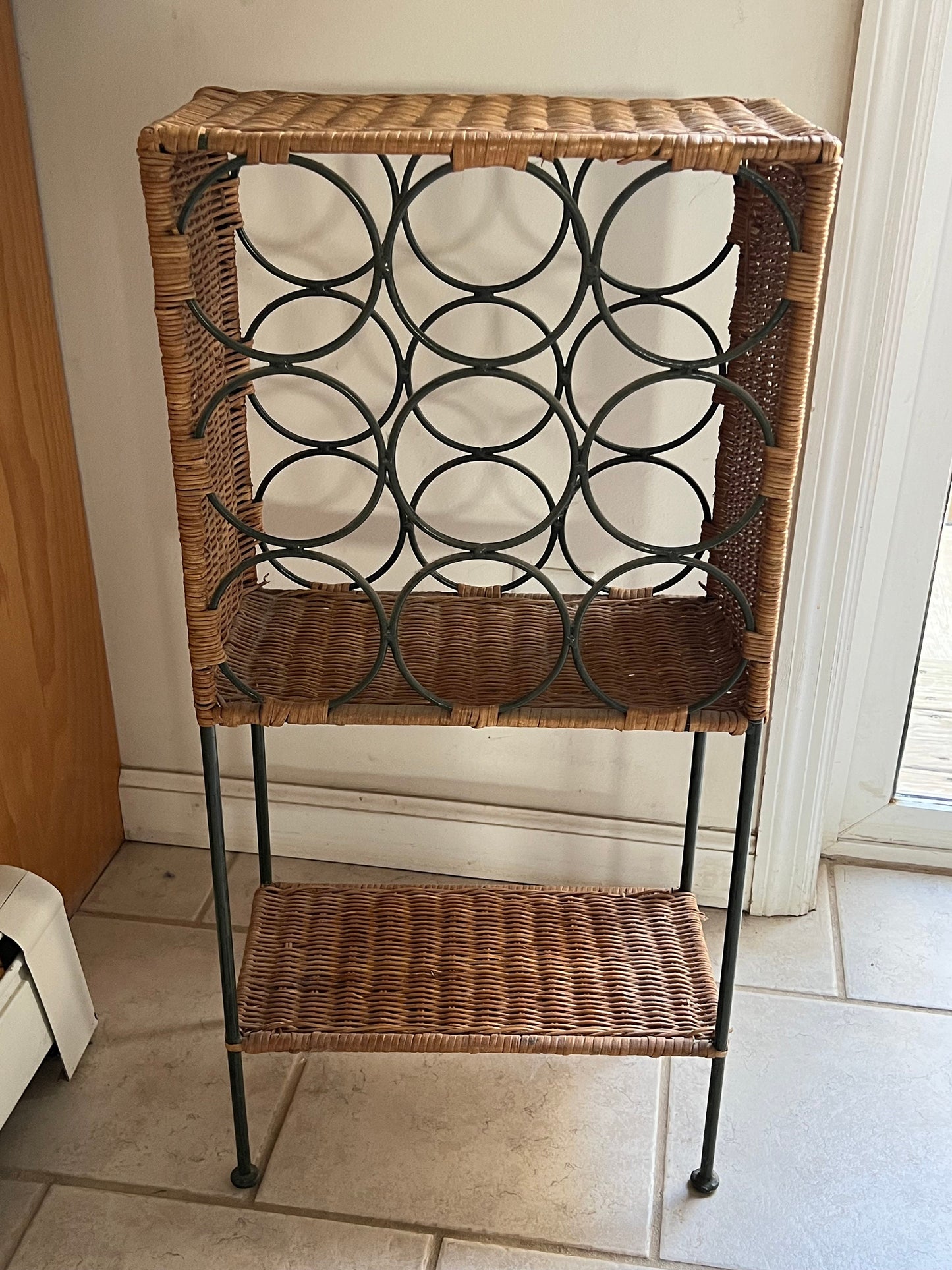 Vintage Wicker and Metal Wine Rack - 9 Bottle Holder