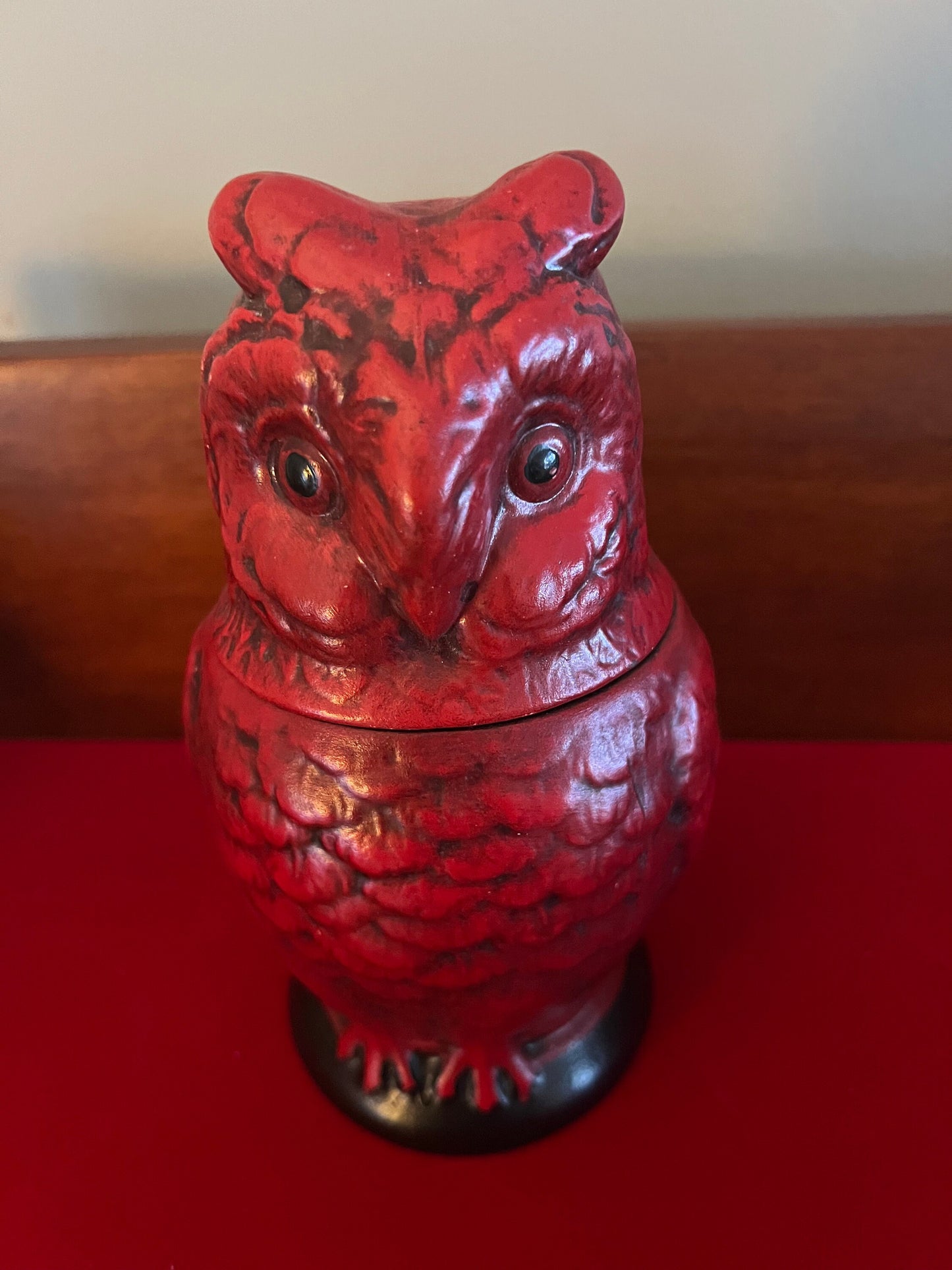 Vintage Red Ceramic Owl Jar: Removable Head Trinket Dish