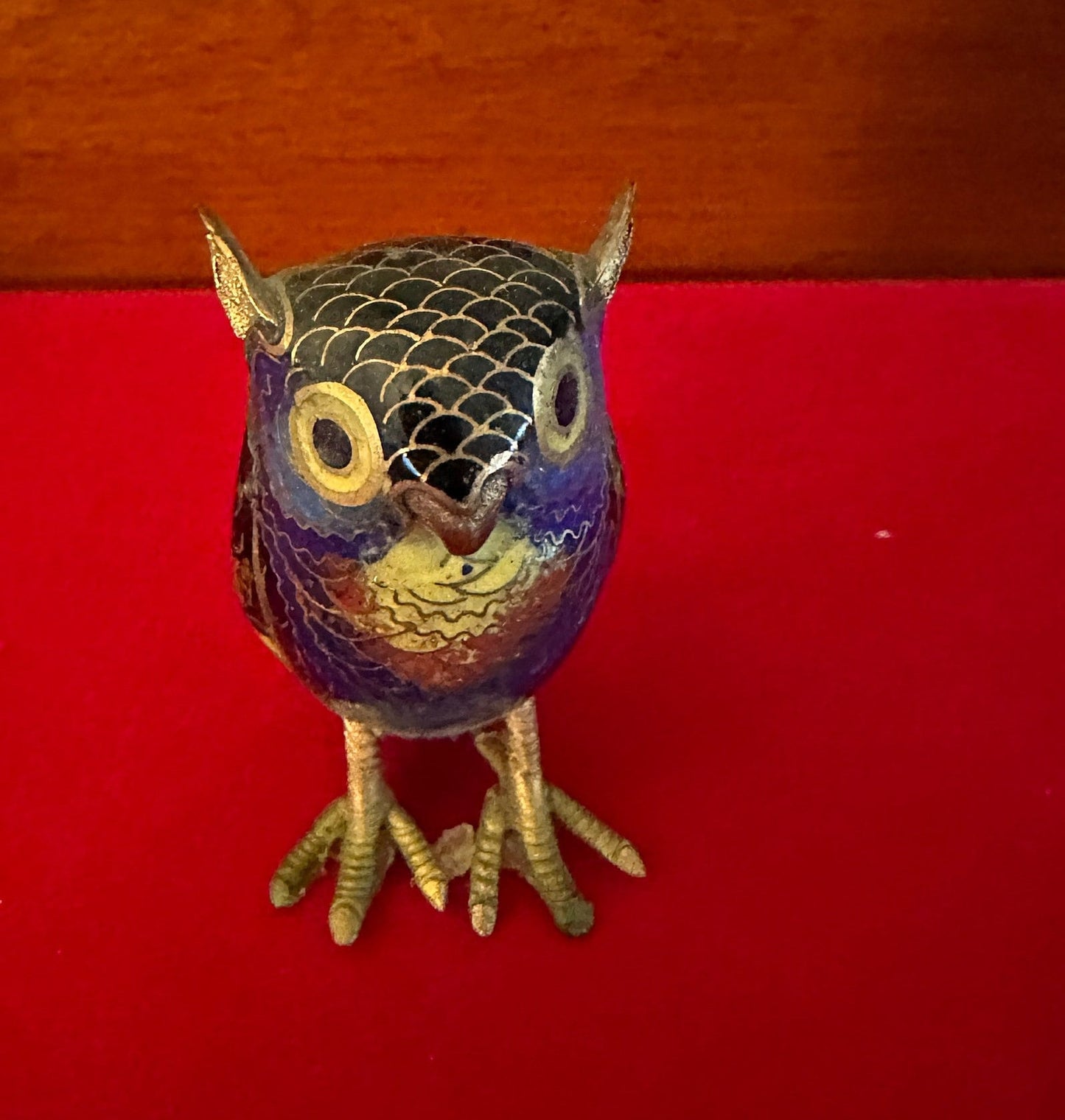 Antique Cloisonné Enamel Brass Owl Figurine: Cobalt Blue Decor